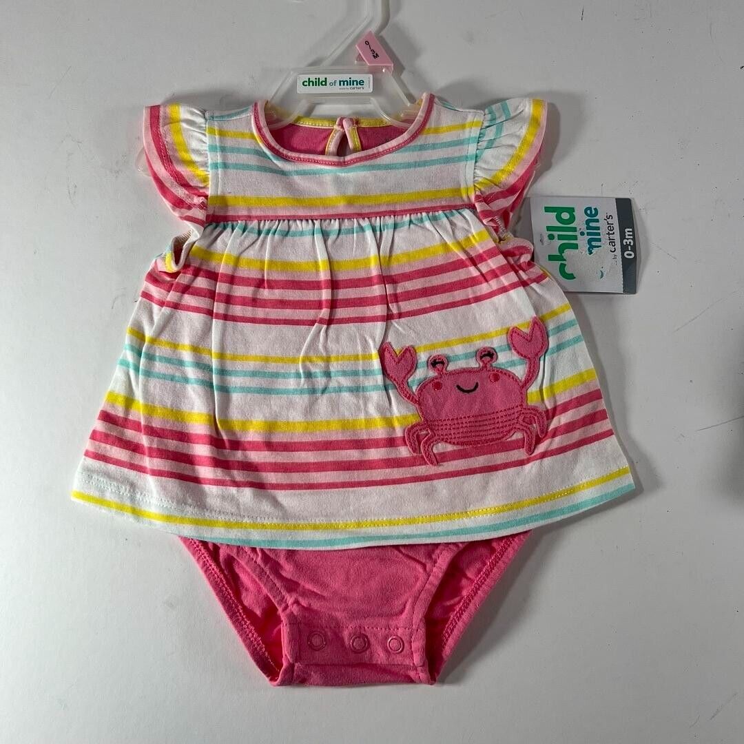 Carters Child of Mine Baby Pink Crab Stripes Colors One-Piece Dress 0-3m - NWT