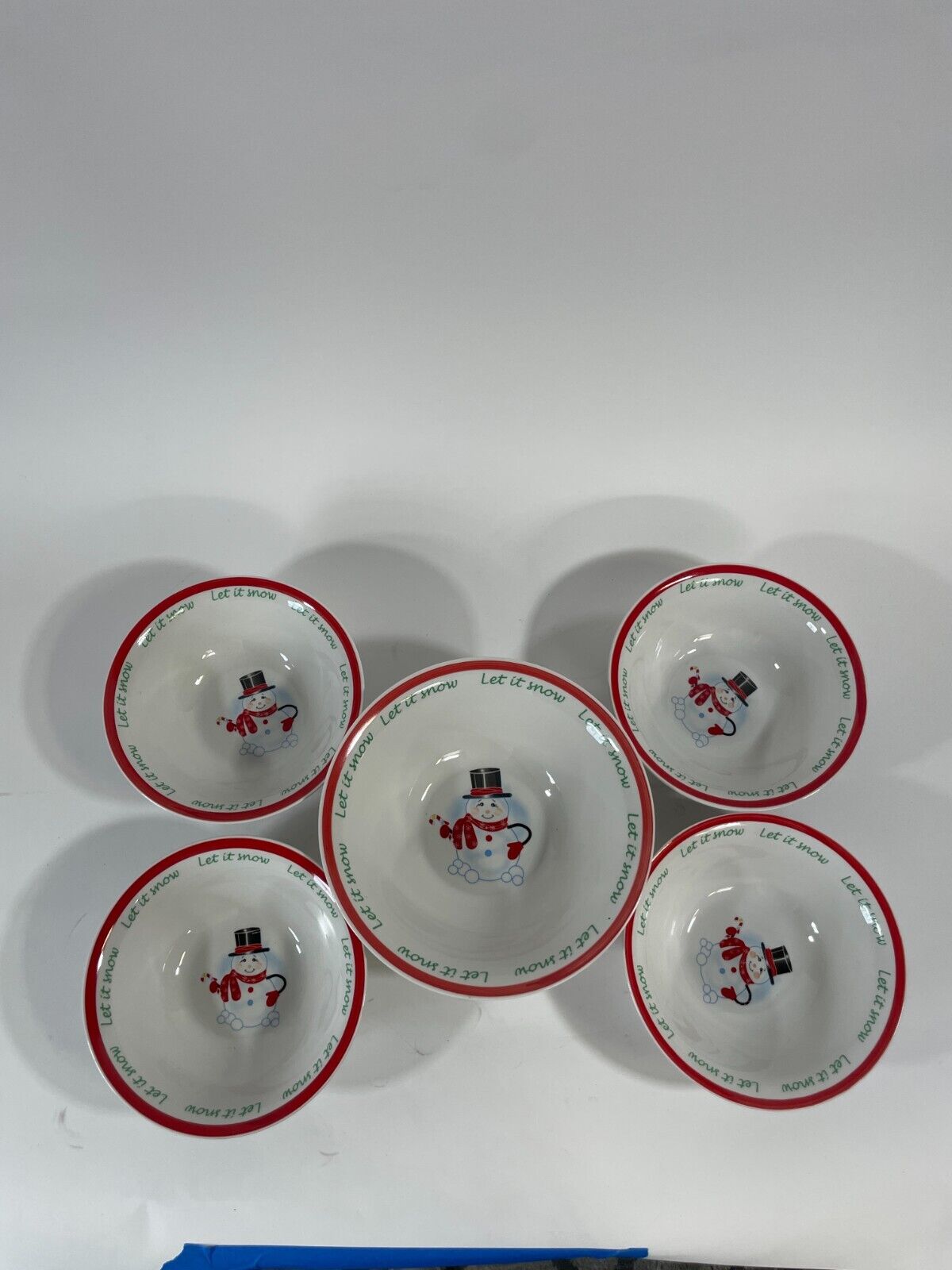 Let it Snow Christmas Snowman Large Serving Bowl Round with 4 Bowls Made in PRC