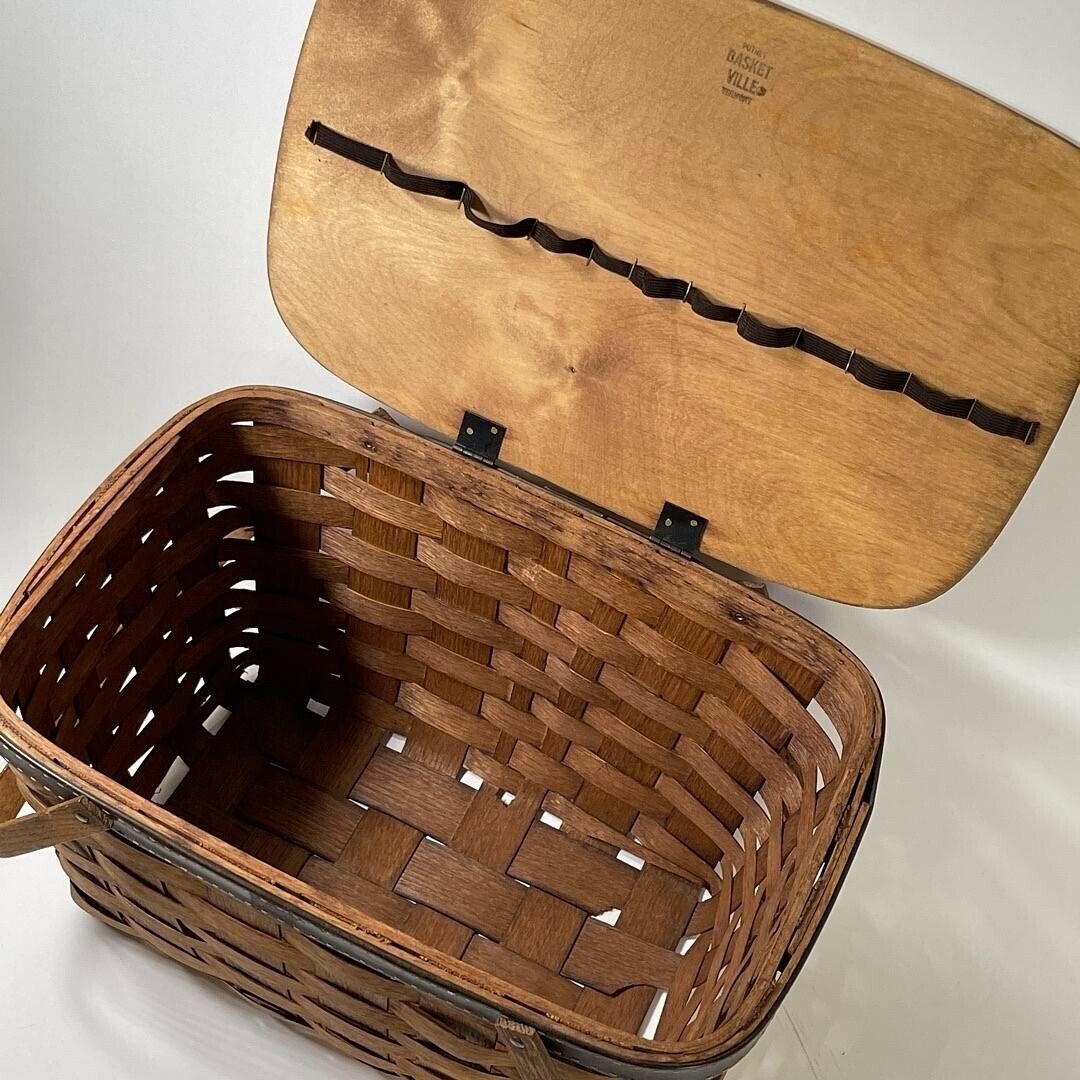 Vintage Putney Basketville Large Rectangular Hinged Lid Wood Basket With Handles