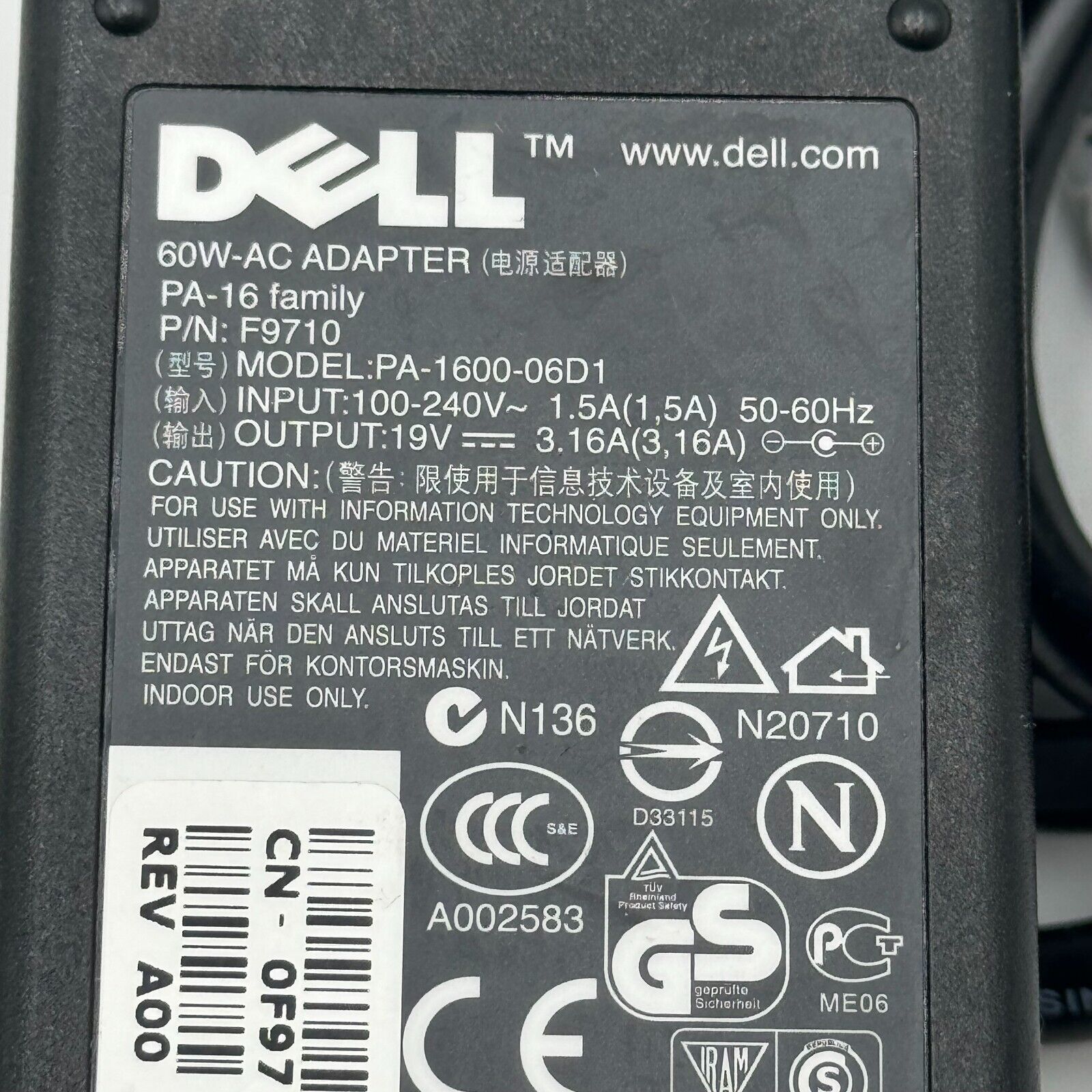 DELL Genuine 60W PA-16 ADAPTER F9710 PA-1600-06D1 PA-1600-06D2 TD231 OEM YELLOW