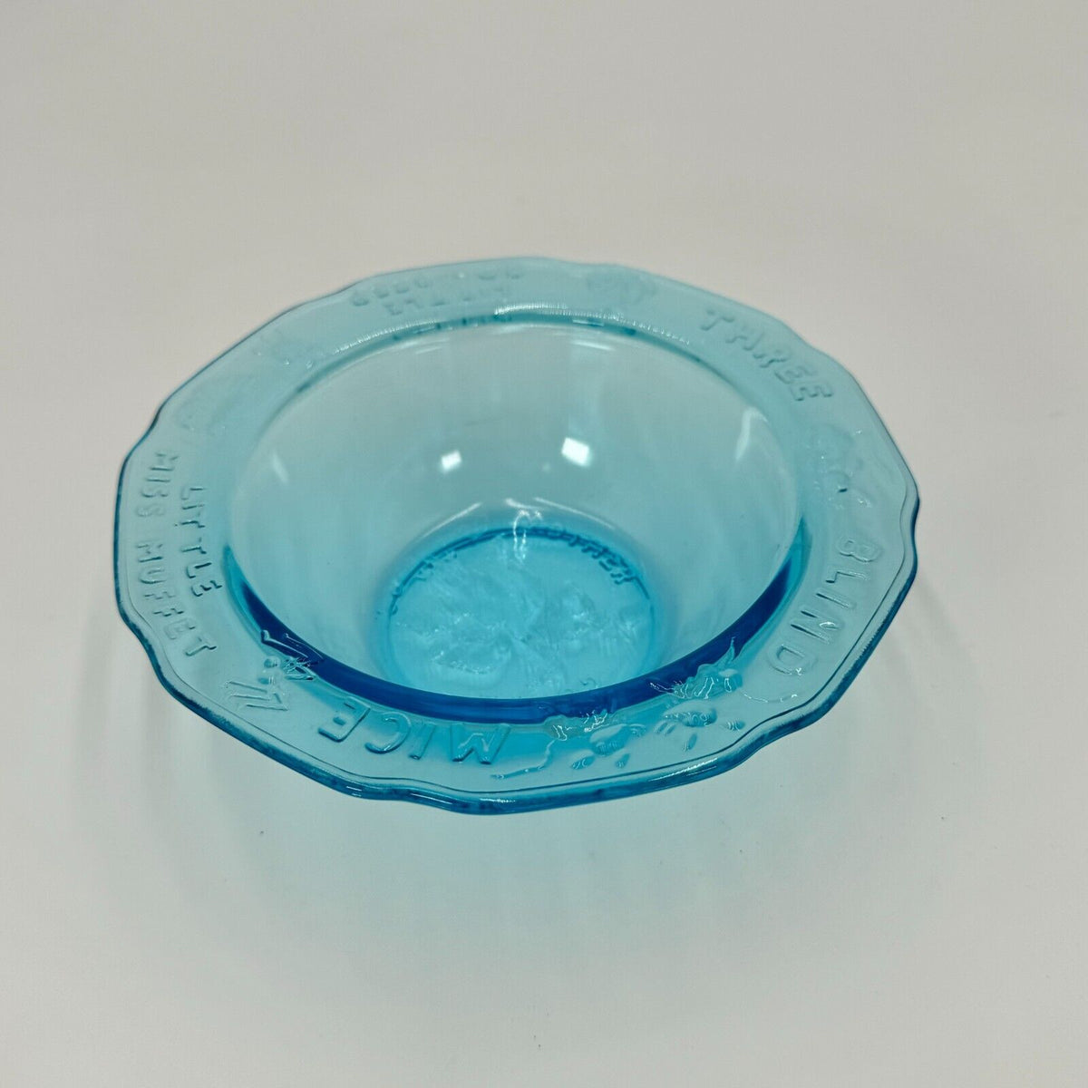 Tiara by RS - BLUE Glass NURSERY RHYME BOWL - Mother Goose 3 Blind Mice Vintage