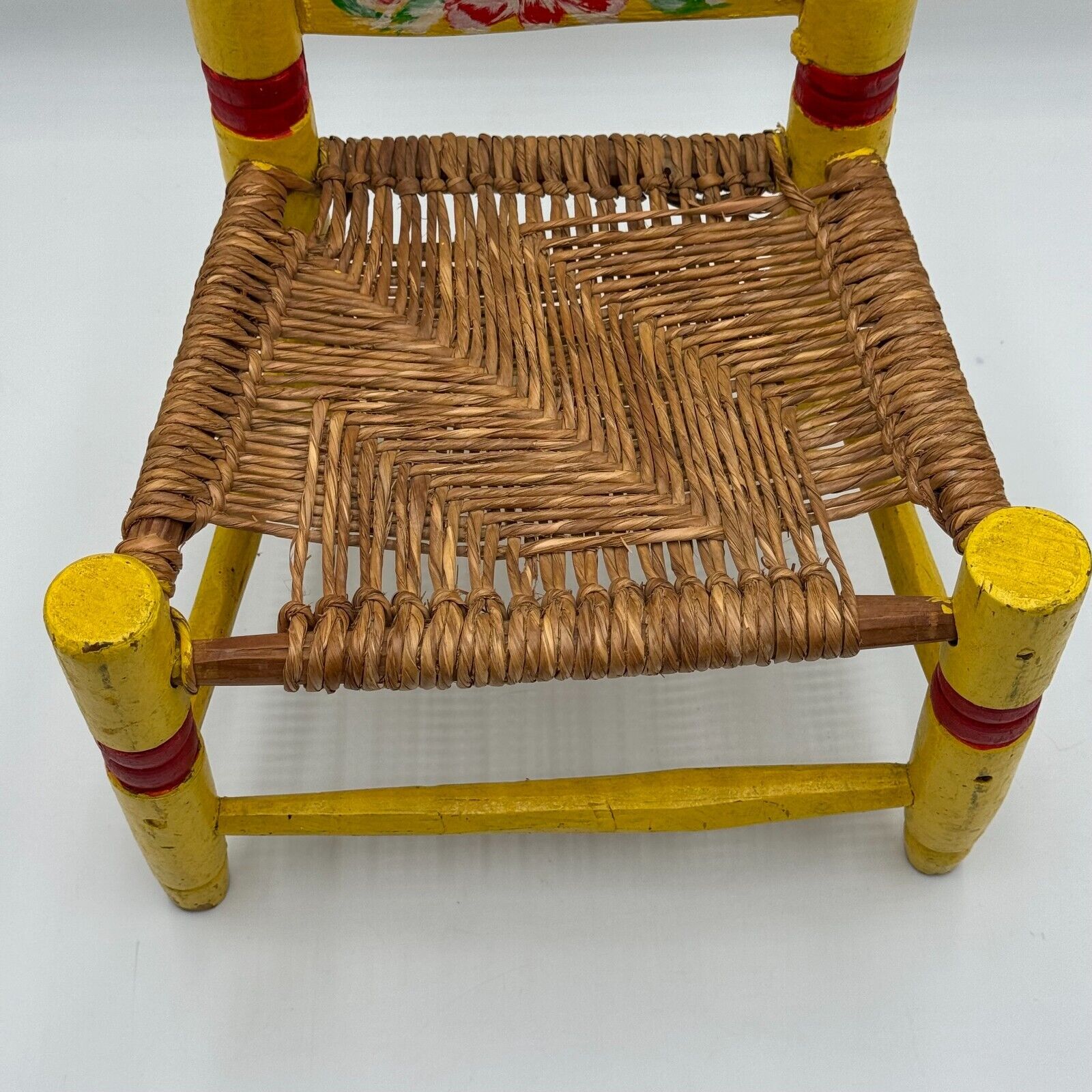 Vintage Hand Painted Child's Chair Mexican Folk Art Wicker Woven Rush Seat Stool