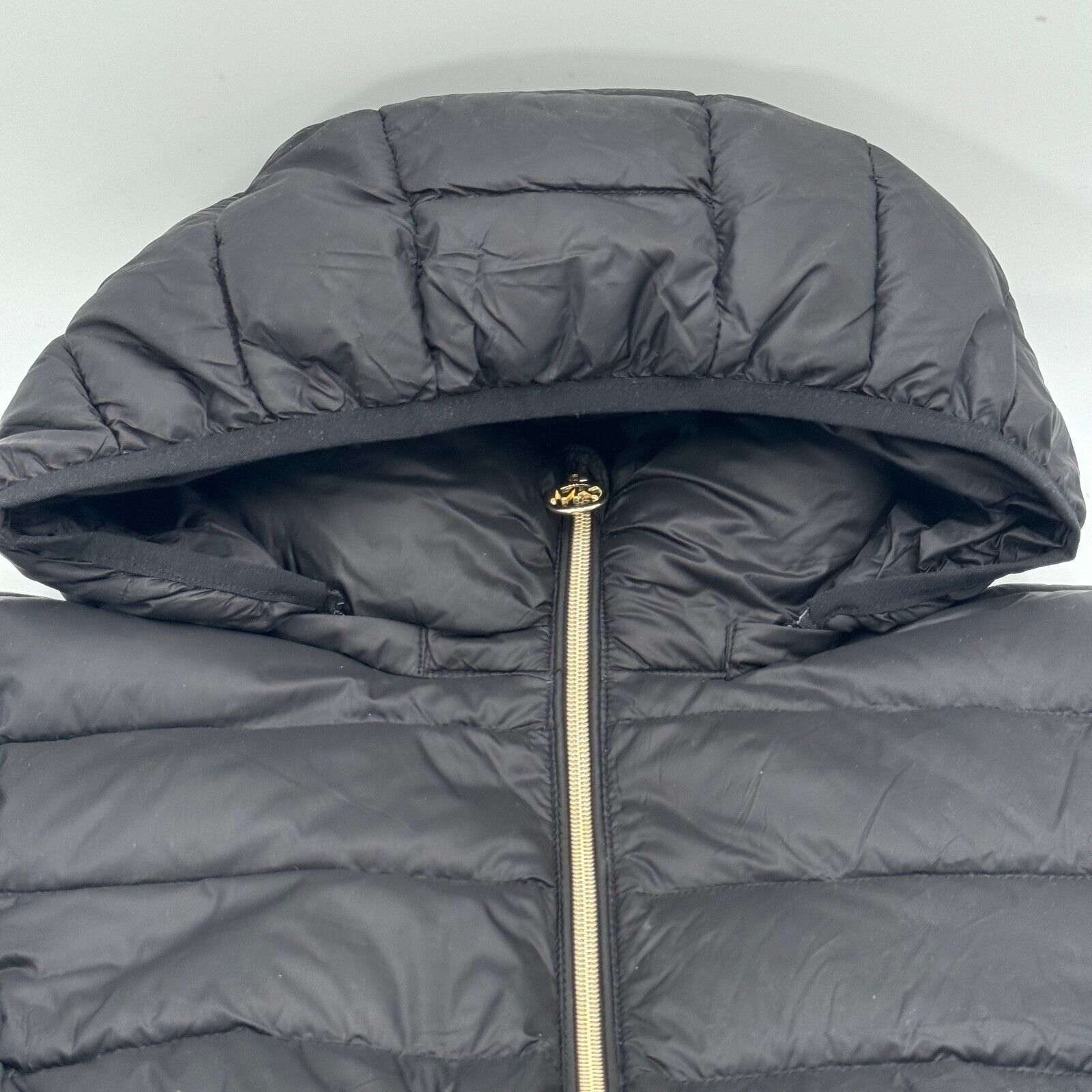 Michael Kors Black Gold Puffer Jacket Packable Down Fill Hood Zip Womens Size M