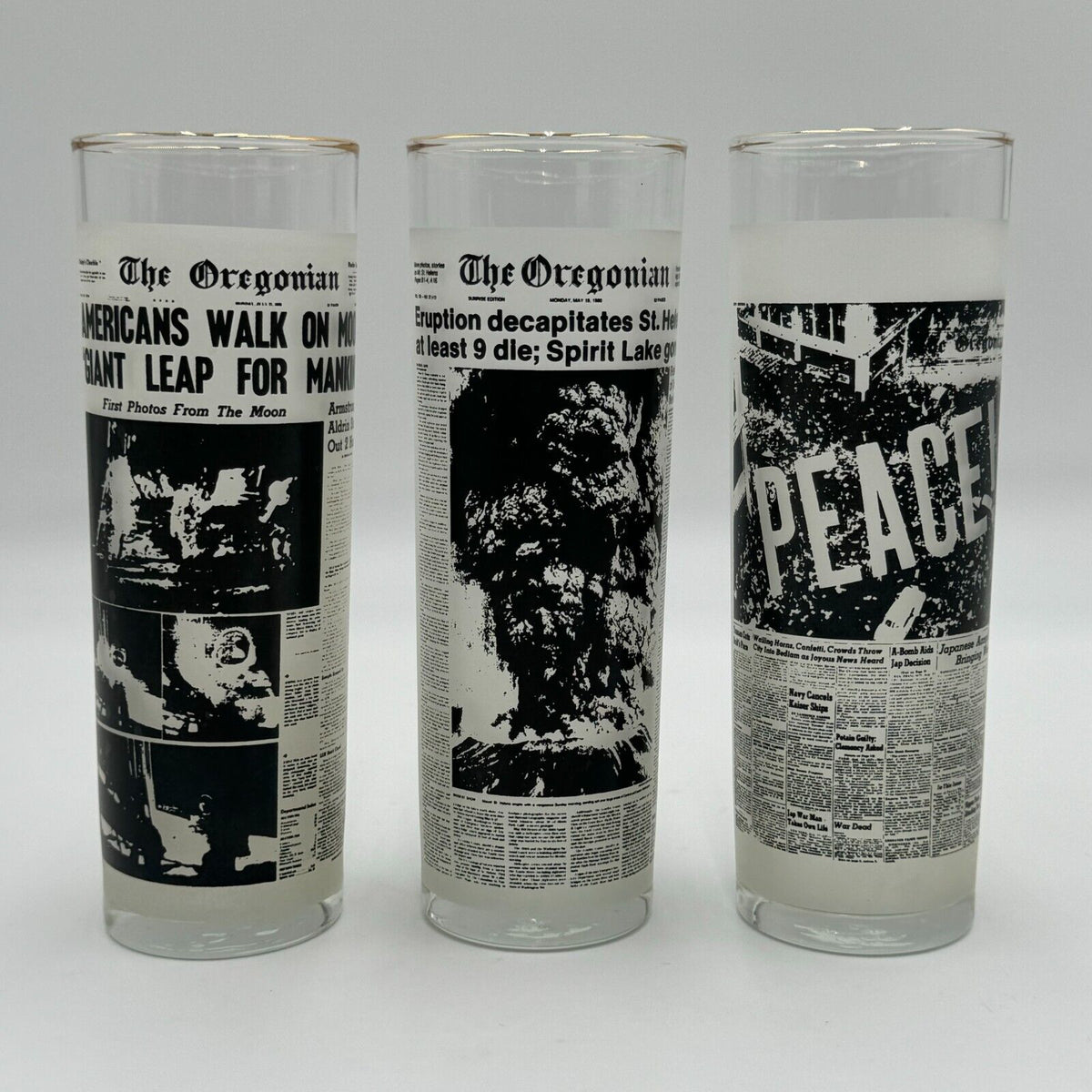 Set of 3 Vintage Headline Oregonian News Paper US History Frosted 7” Glasses