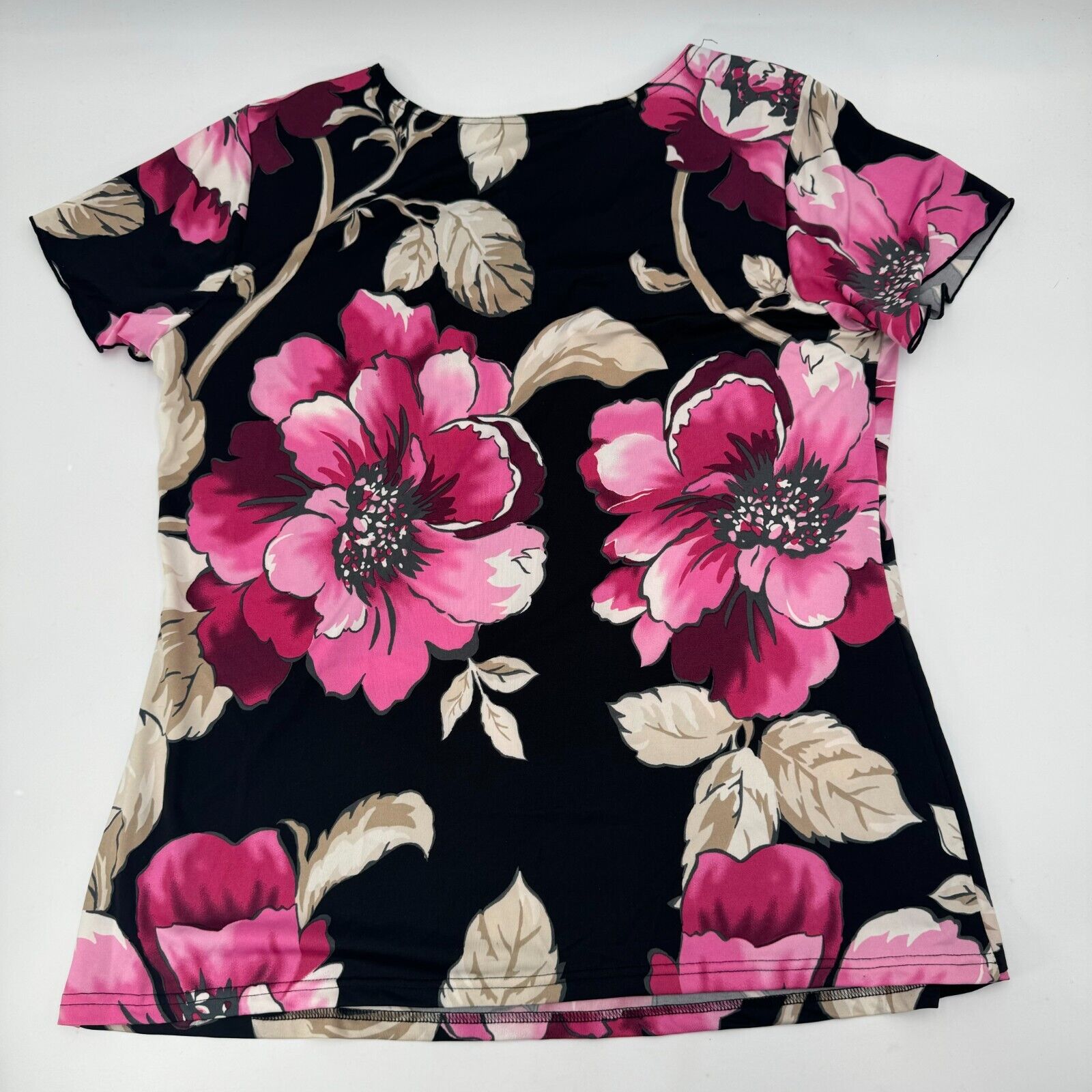 Zac & Rachel Flutter Sleeve Beaded Neck Black Pink Floral Womens Size L NWT