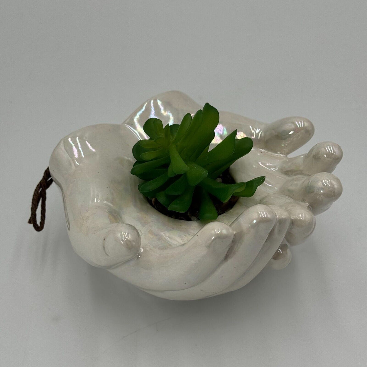 Ceramic Cupped Hands Holding Succulent in Rocks Artificial Fake Plant While Pot