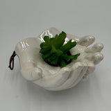 Ceramic Cupped Hands Holding Succulent in Rocks Artificial Fake Plant While Pot