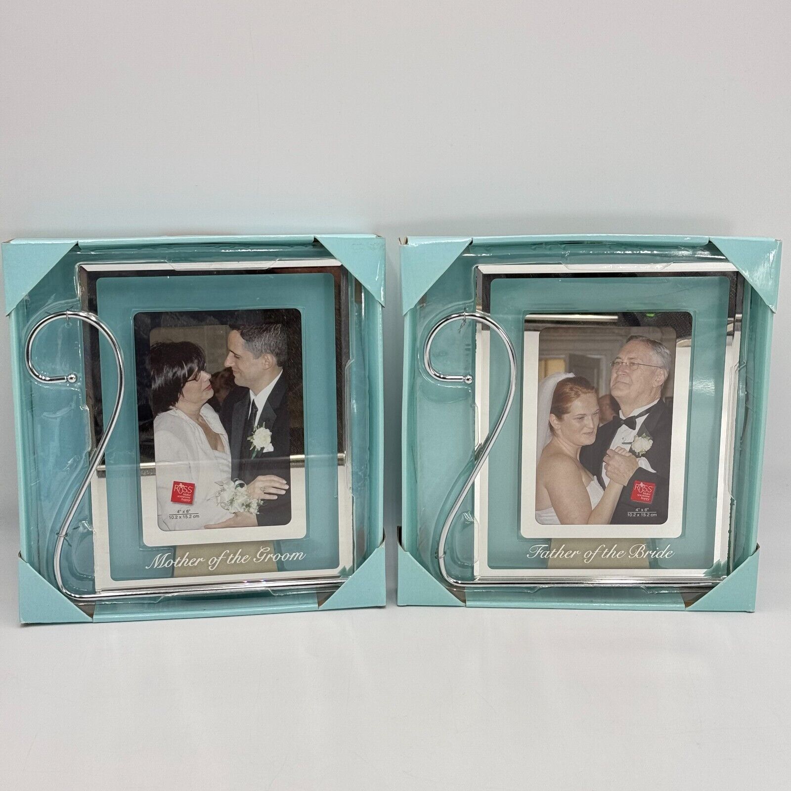 Set of 2 Wedding 4x6 Photo Frames Father Bride Mother Groom Silver Metal & Glass