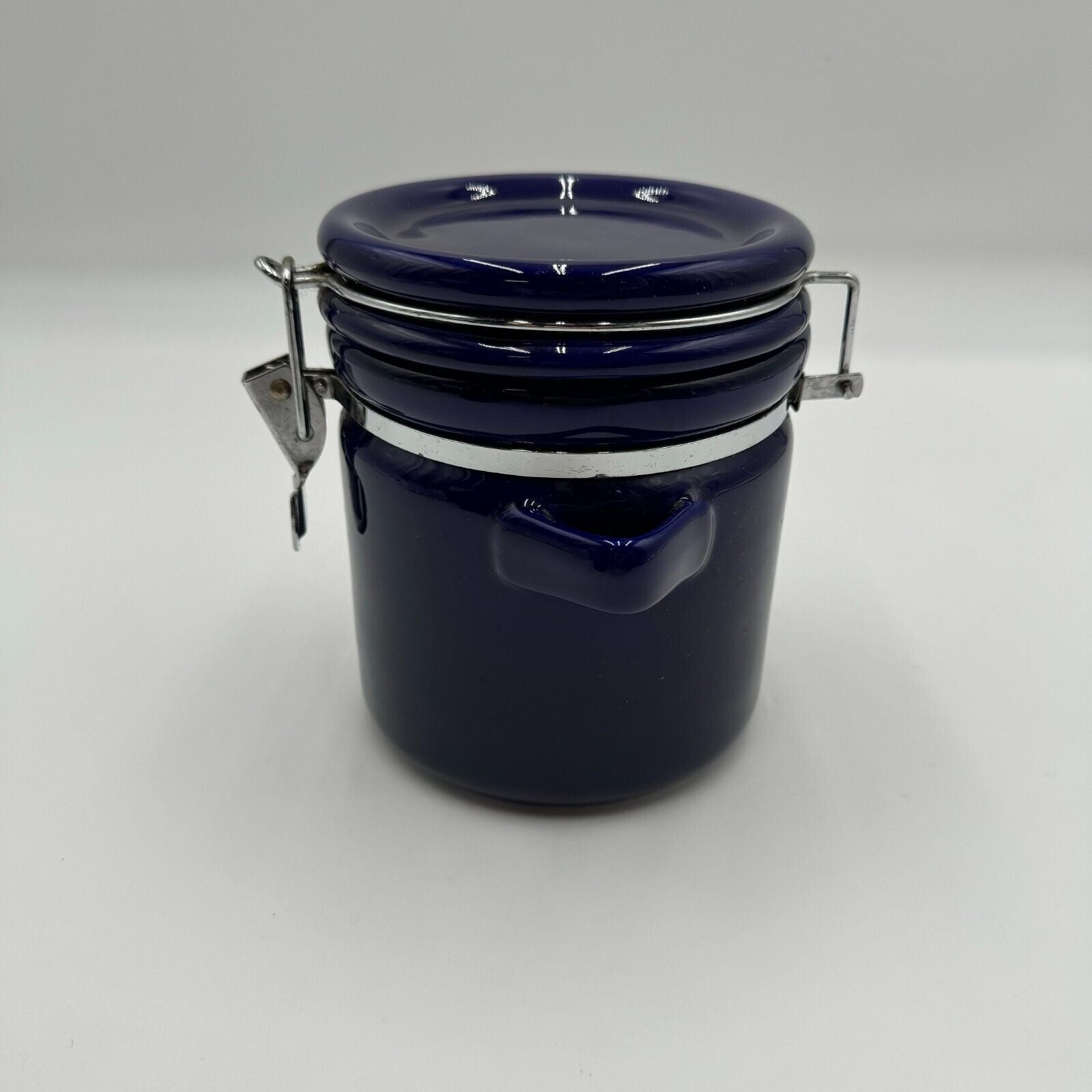 Set of 2 Kitchen Storage Canisters Blue Ceramic Metal Clasp 8” & 6” by 5”