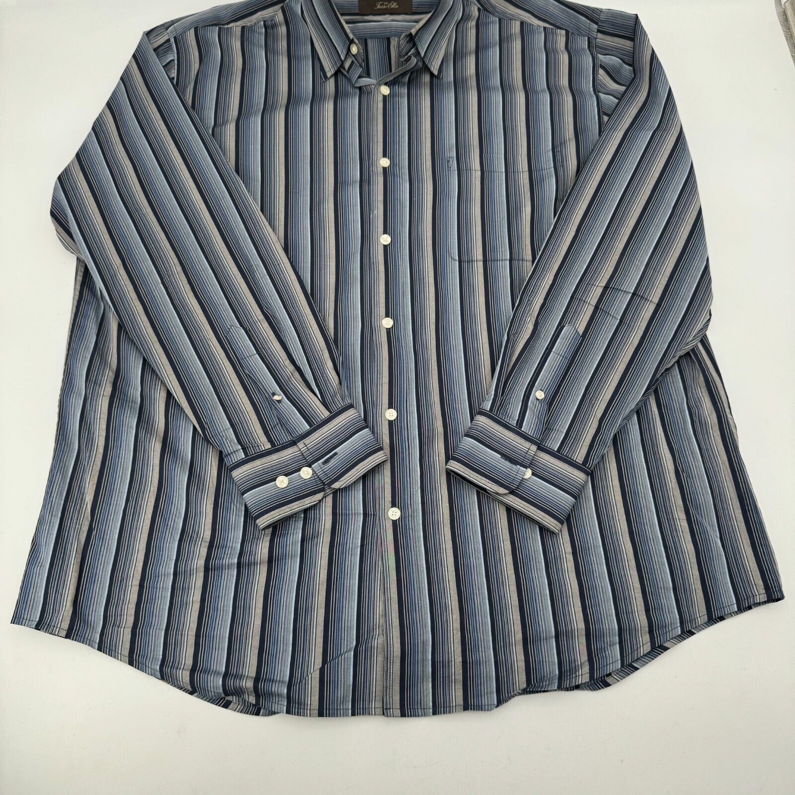 Tasso Elba Spa Luxury Linen Long Sleeve Button Up Shirt Blue Tan Stripes Mens XL