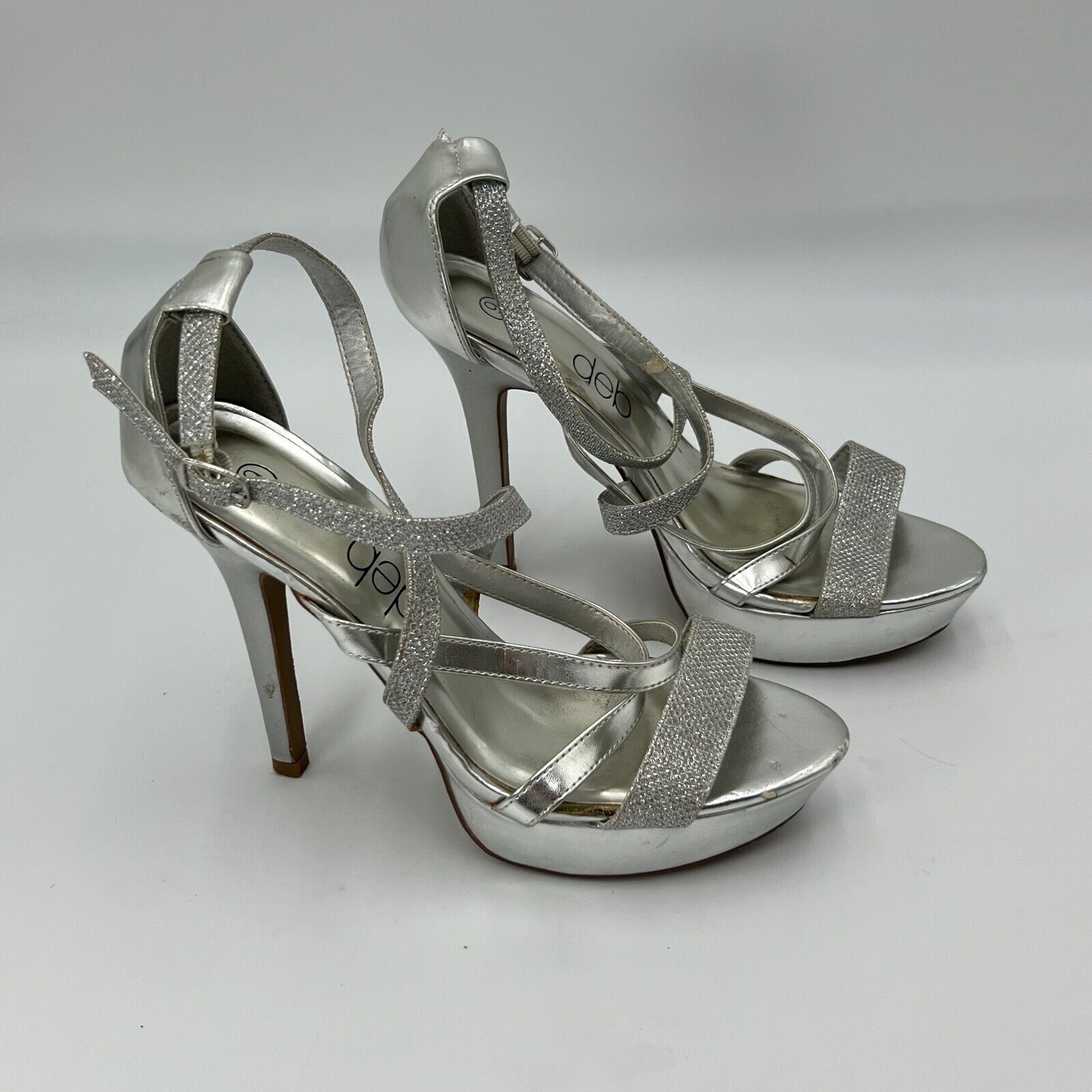 DEB 5 Inch Heels Platform Sandle Silver with Jewels Adjustable Buckle Womens Siz