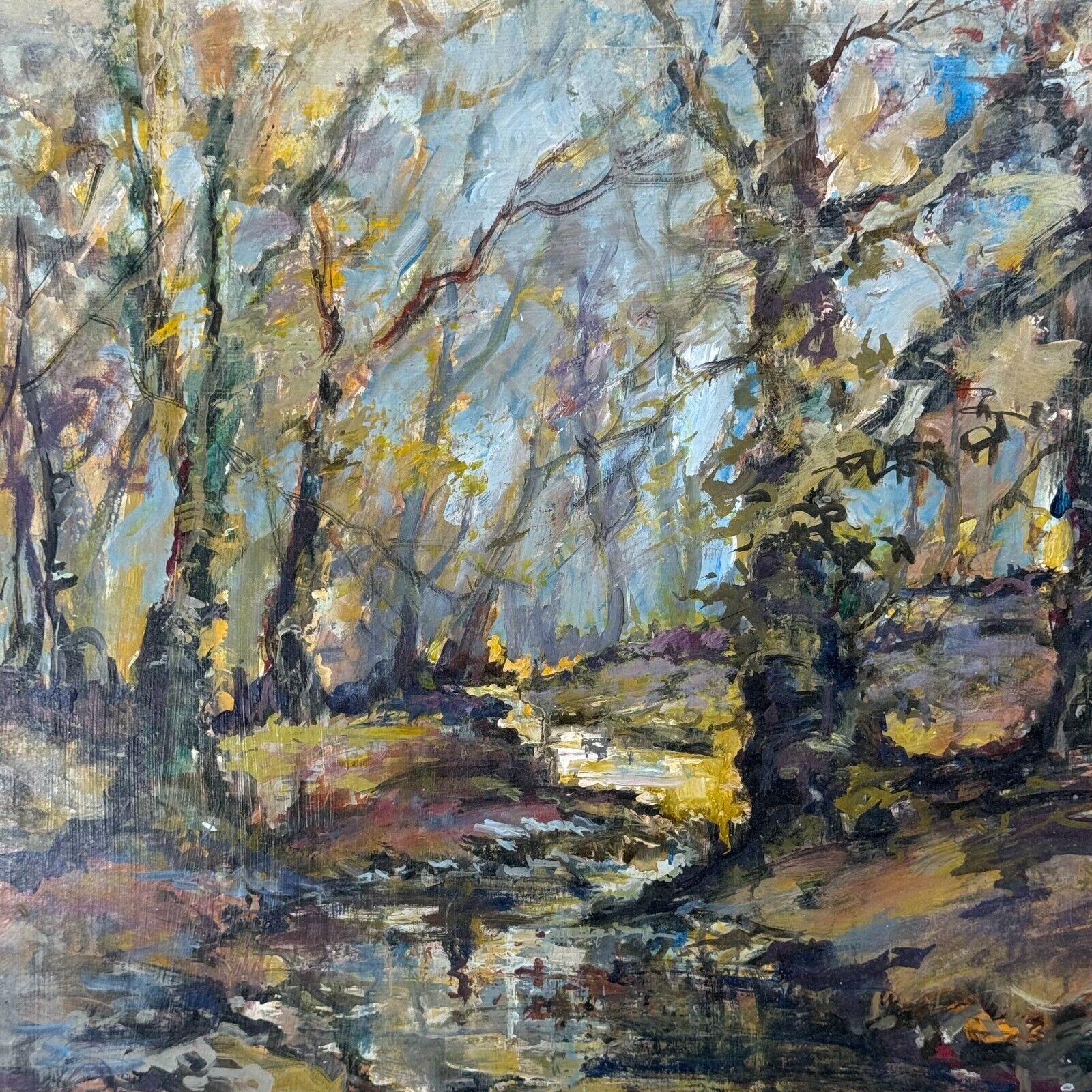 Yram Allets Original 18x22 Oil Painting Autumn Creek Fall Trees Forest Landscape