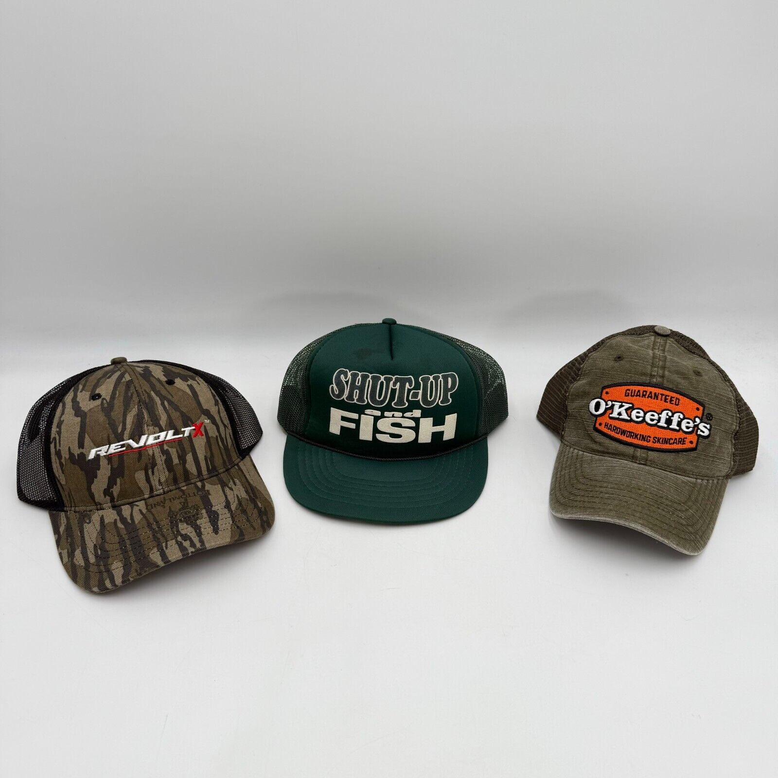 Lot of 3 Snapback Hats Trucker Mesh Camo Olive Sage Green Fishing O’keefe Revolt