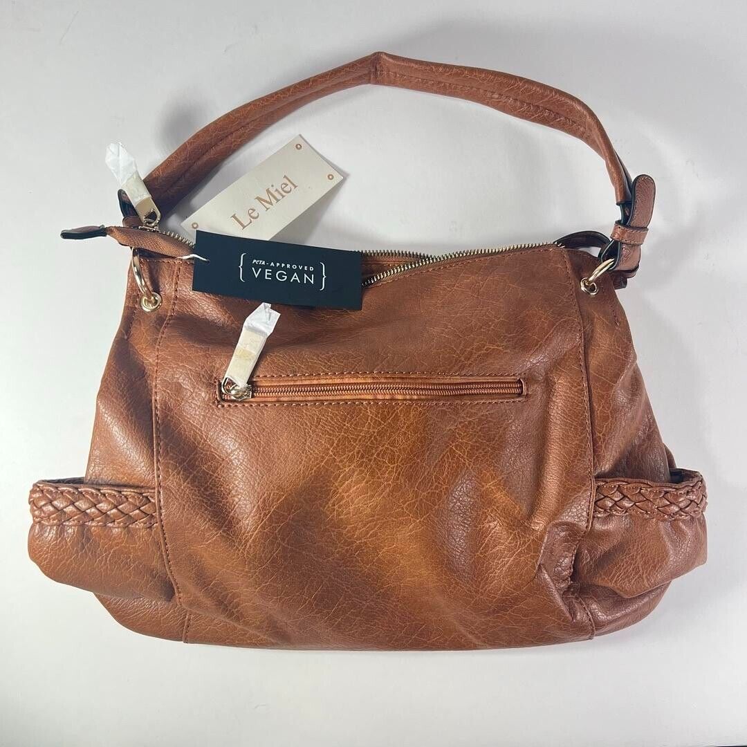 Le Meil Brown Faux Leather Purse 15x10x6” Hand Bag Shoulder Strap VEGAN - New