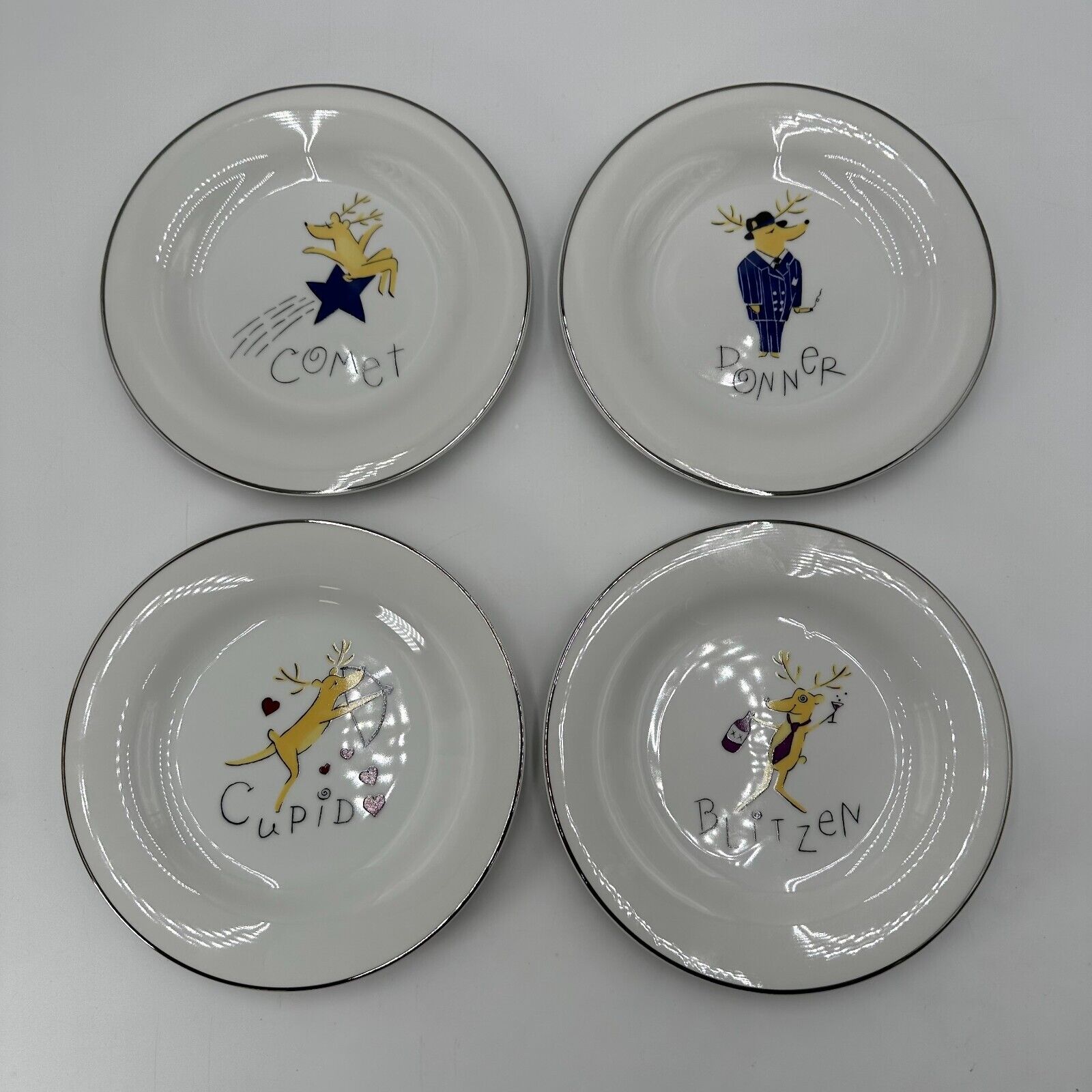 4 Pottery Barn Christmas Reindeer Dessert 8.5" Plates Comet Cupid Donner Blitzen