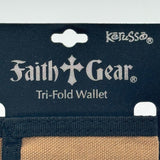 Kerusso Faith Gear Tri Fold Wallet Tan Brown Fabric Black Cross Christian NWT