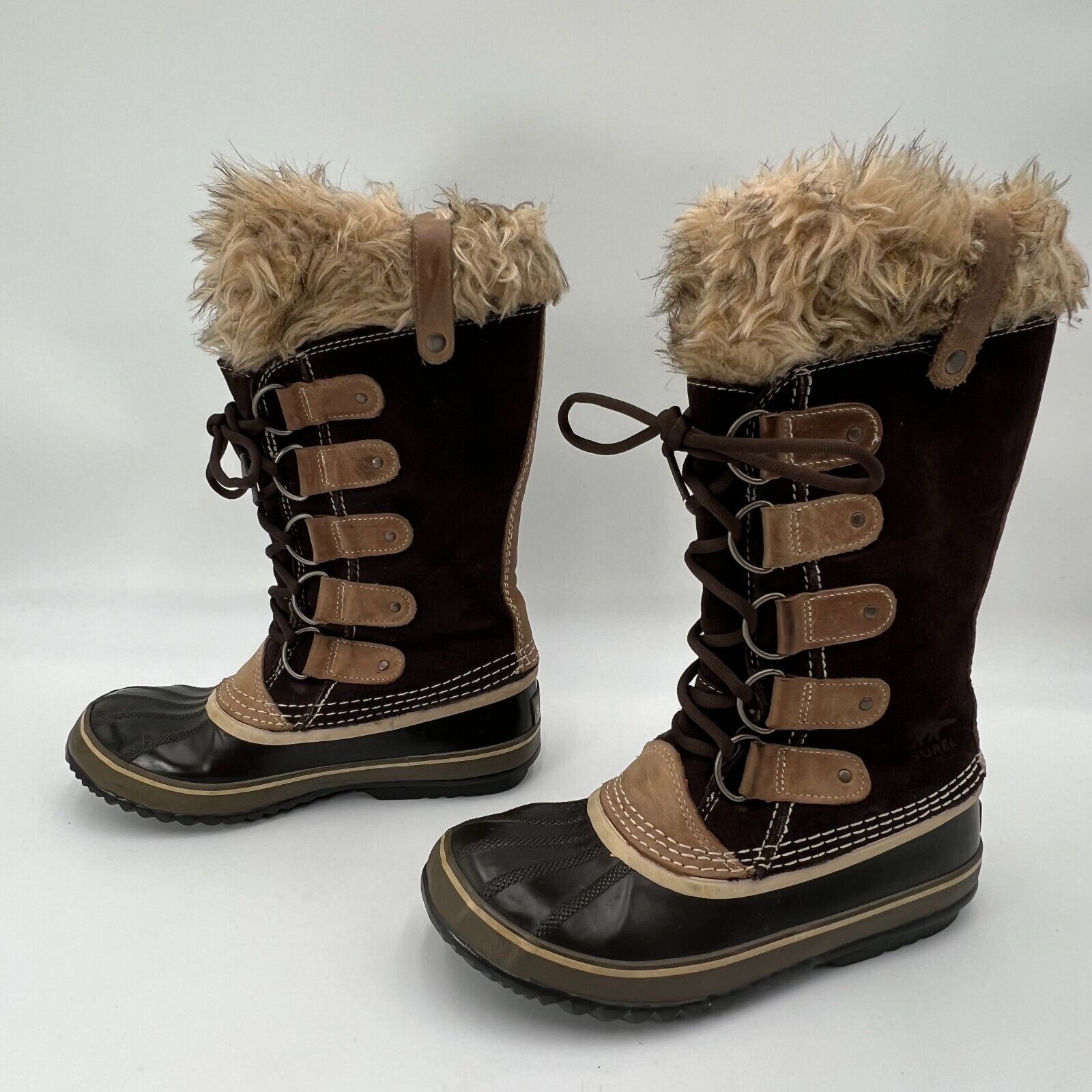 Sorel Joan of Arctic Suede Faux Fur Snow Winter Boots Women 8 Brown Mid Calf