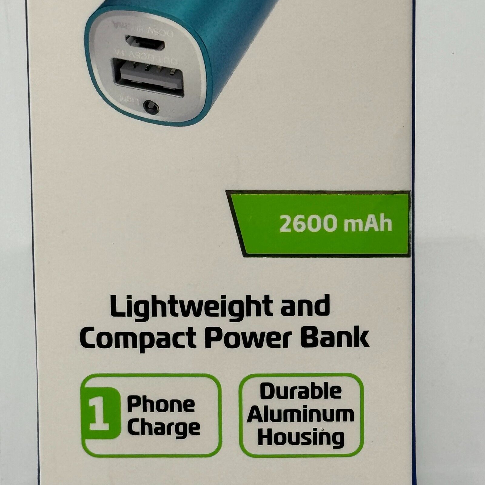 Zgear Lightweight & Compact Power Bank 2600 mAh Phone Charge Blue Micro USB Cord