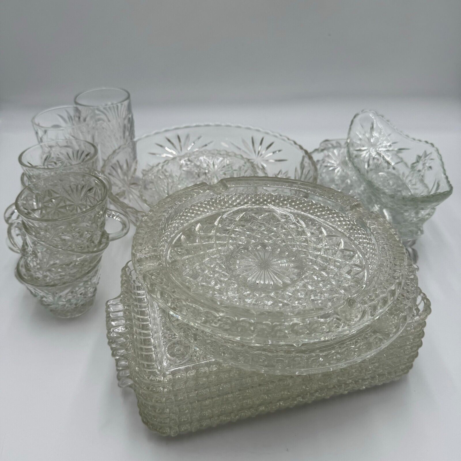 Vintage 50s Anchor Hawking Fine Crystal 21 Piece Dining Set Cups Saucers Plates