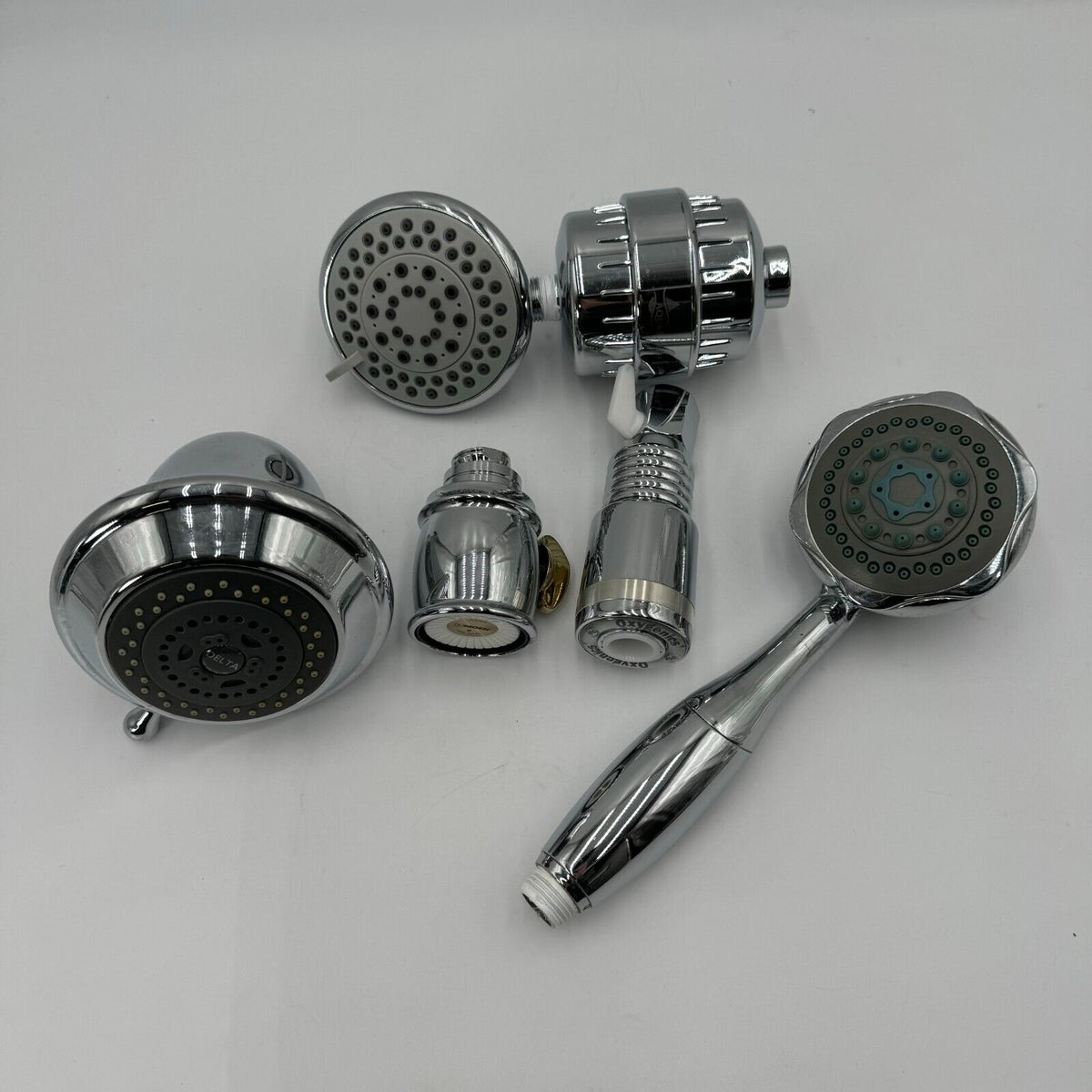 Assortment of Chrome Shower Heads & Fliter Moen Delta Oxygenics Aqua Earth