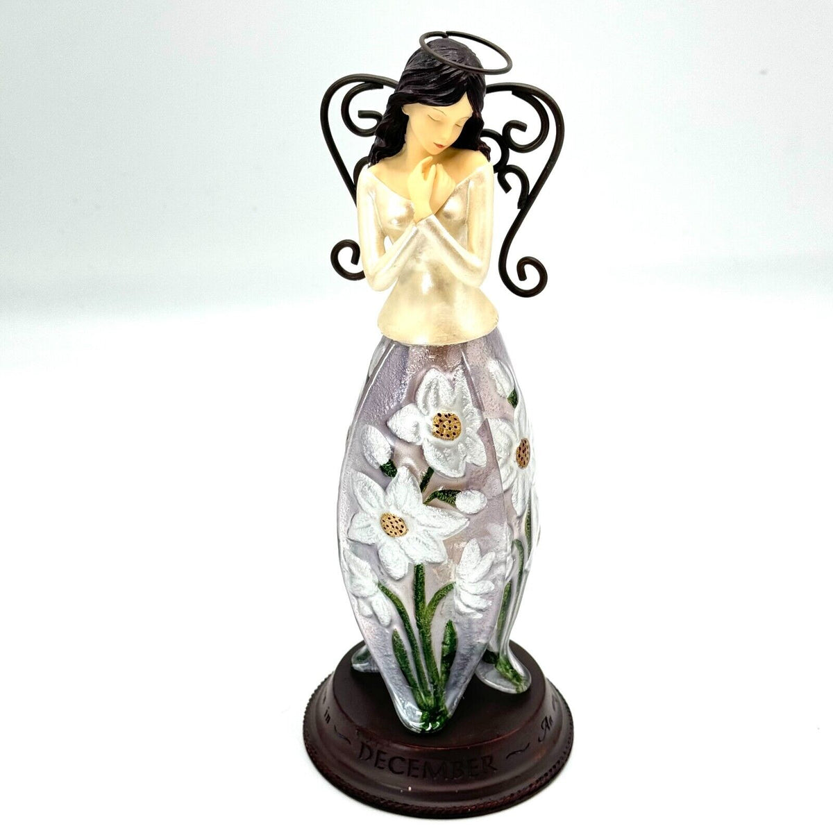 December 11in Glass Angel Figurine Flower Metal Stand Engraved Bless Protect NIB