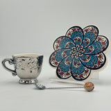 3pc Set Decorative Turkish Ceramic 7" Trivet Silver Teacup & Agate Spoon