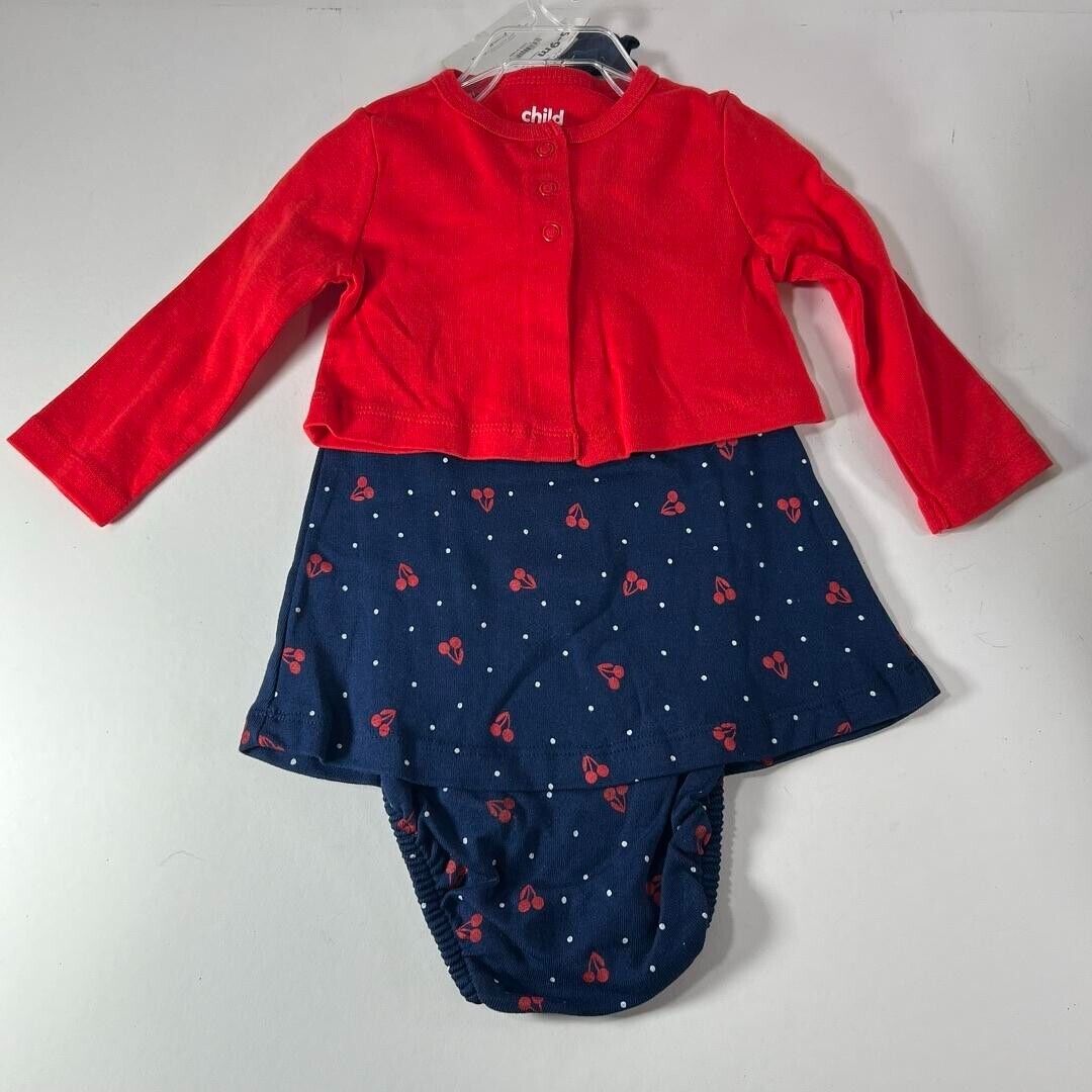 Carter’s Baby 6-9m 3 piece Navy Cherry Print Skirt Red Button Top - New w/ Tags