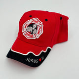 Swanson Baseball Cap Red Black Firefighter FD Jesus Loves You Adjustable Hat NWT