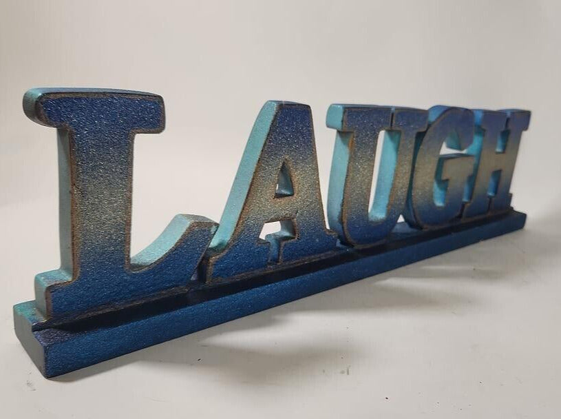 "LAUGH" Wooden Home Decor Sign, Blue with Glitter 21.5"x5.5"