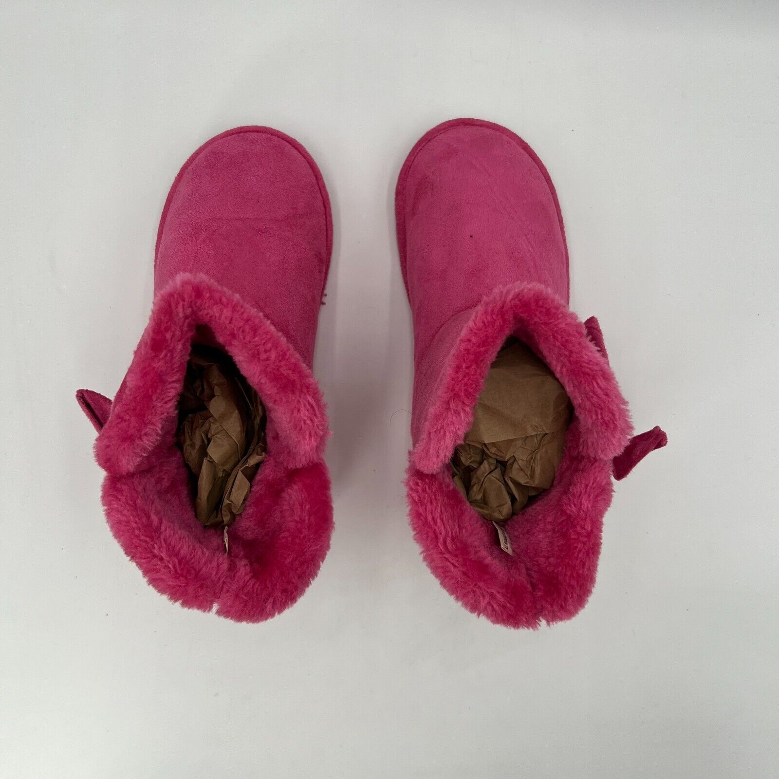 Sunville Pink Faux Fur Soft Slip On Ankle Boots Hard Sole Suede Bow Size 8
