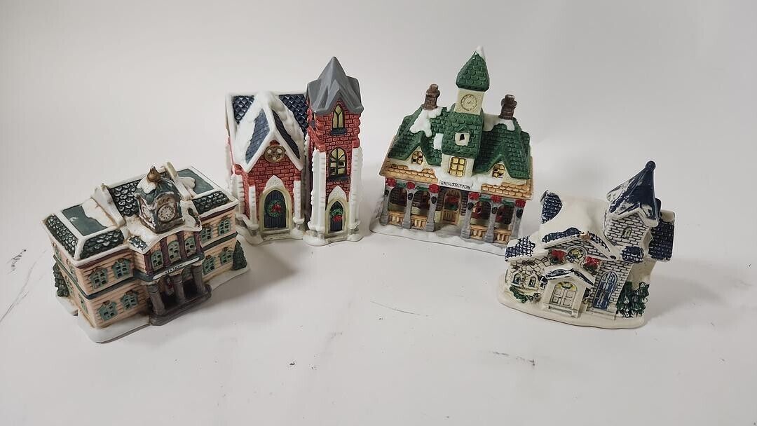 Mervyn's 1997 Village Square Lot of 4 Christmas Village Winter Buildings Display