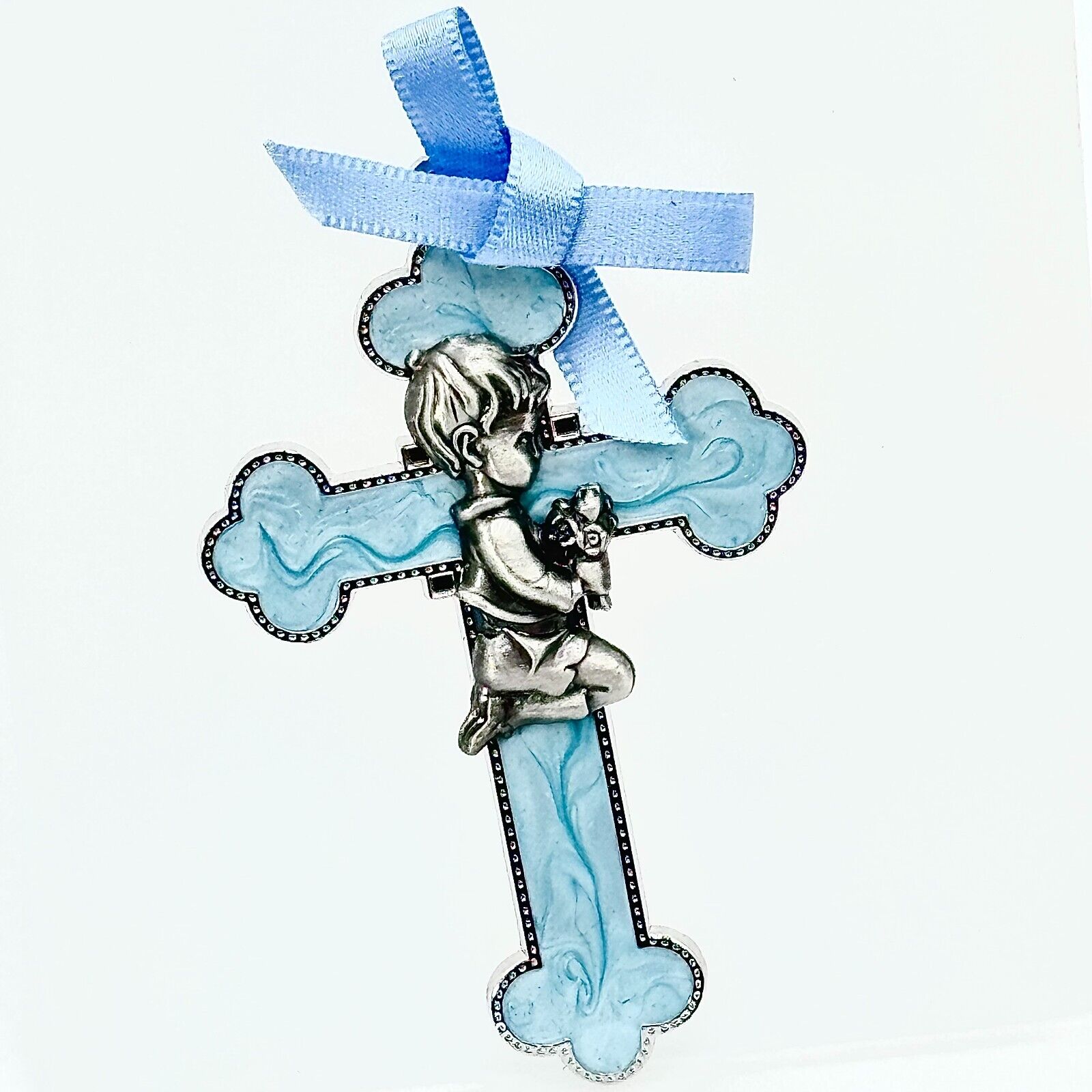 Sacred Traditions Blue Bow Pearlized Enamel Cross Child Praying Pewter Silver 3"