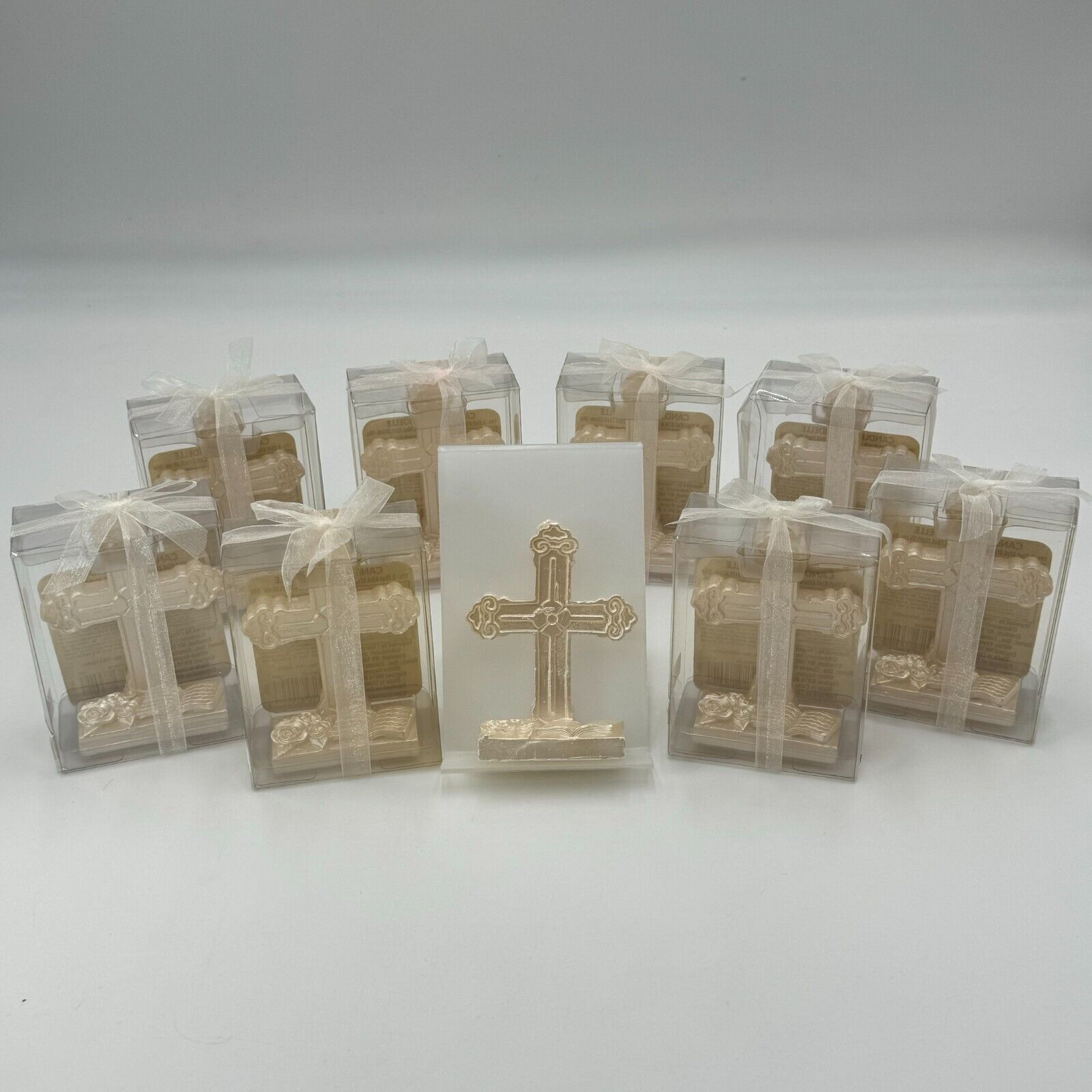 Lot of 9 Cross Shaped Freestanding Candle Almond Scent Cream Tied W/ Ribbon NEW