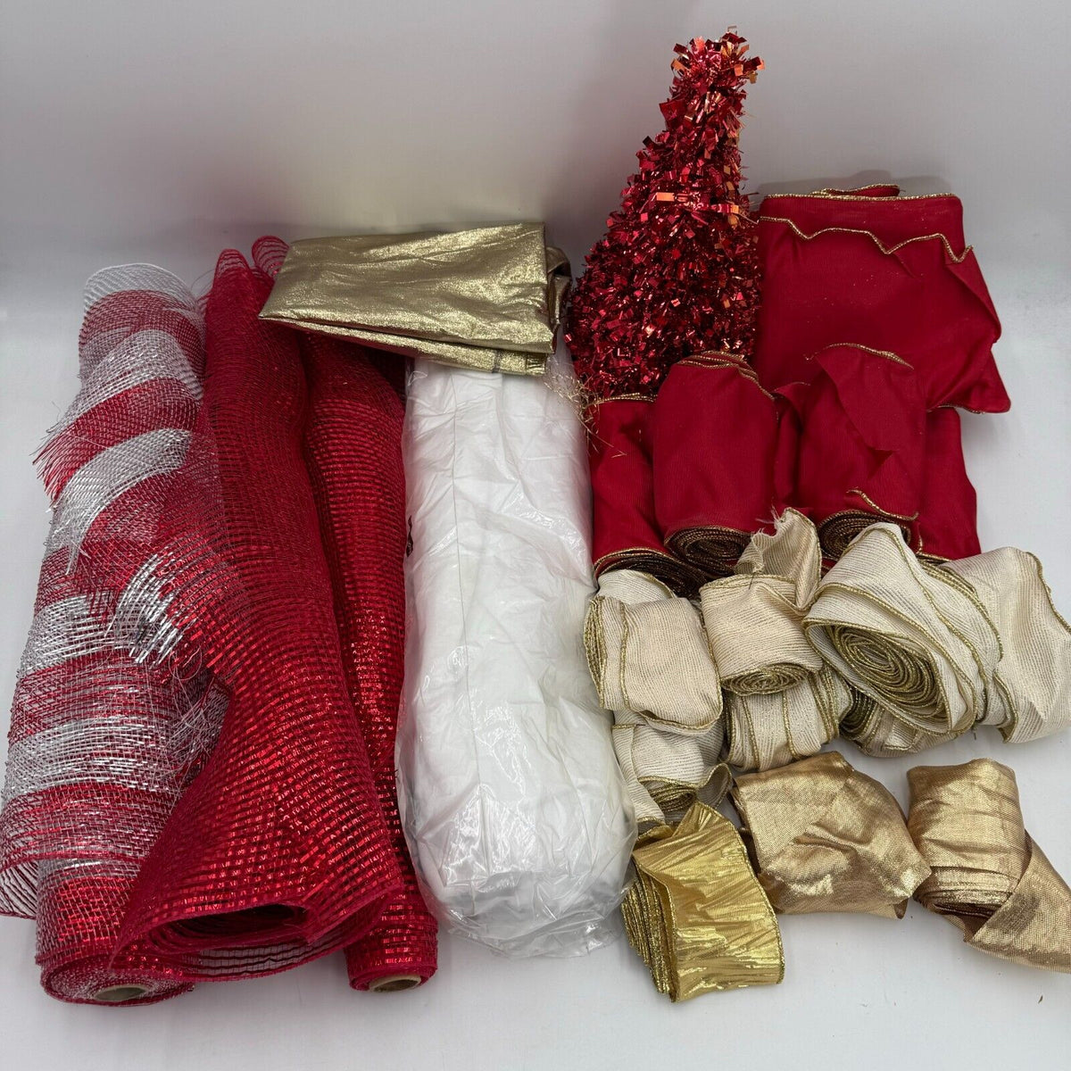 Lot of Christmas Holiday Fabric Ribbon Table Cloth Gold Red Silver Glitter Snow