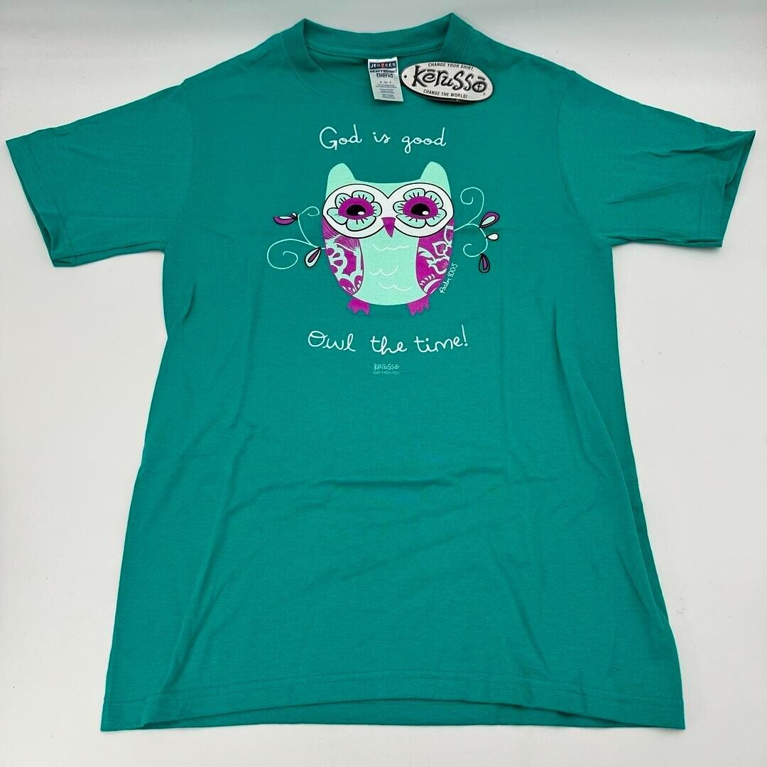 Small Adult Kerusso Green Purple Turquoise Owl God is Good Christian T-Shirt NWT