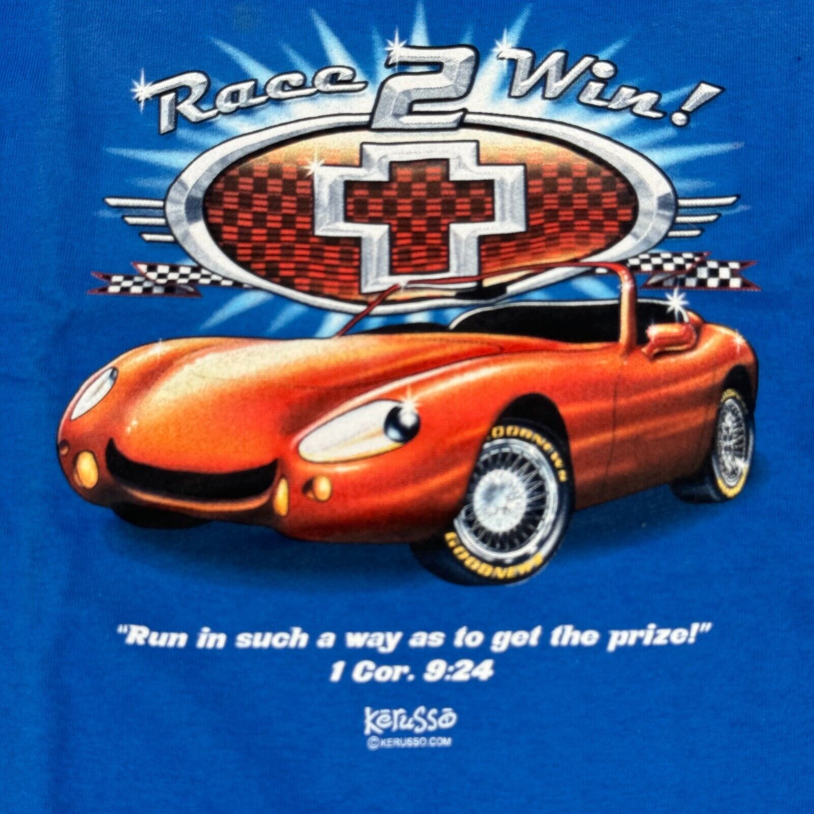 Kerusso Blue Orange Race Car 1 Corinthians Christian T-Shirt Youth Size M NWT