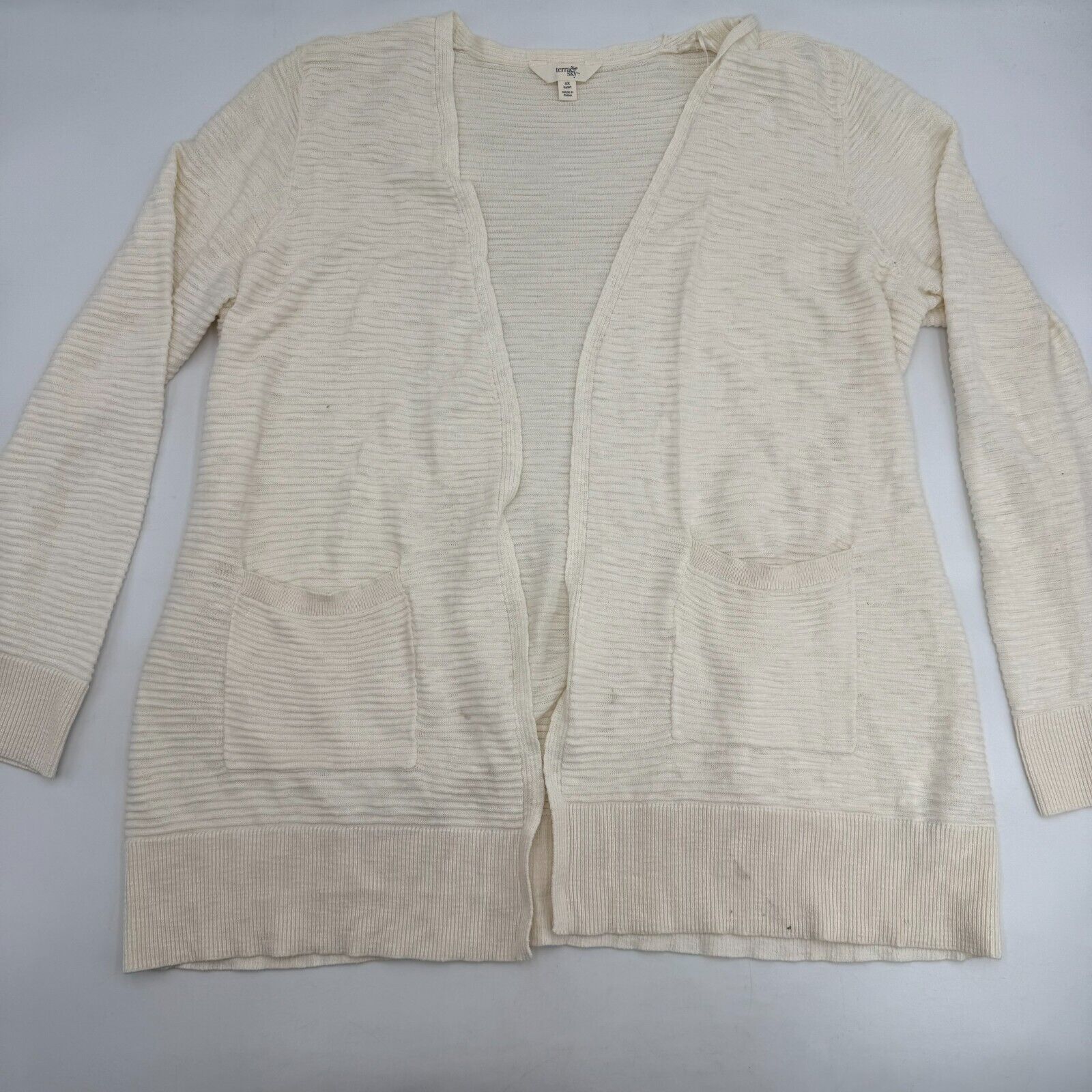 Terra & Sky Knit Cardigan Oprn Sweater Striped Cream Women’s Size oX XL 14W Wide