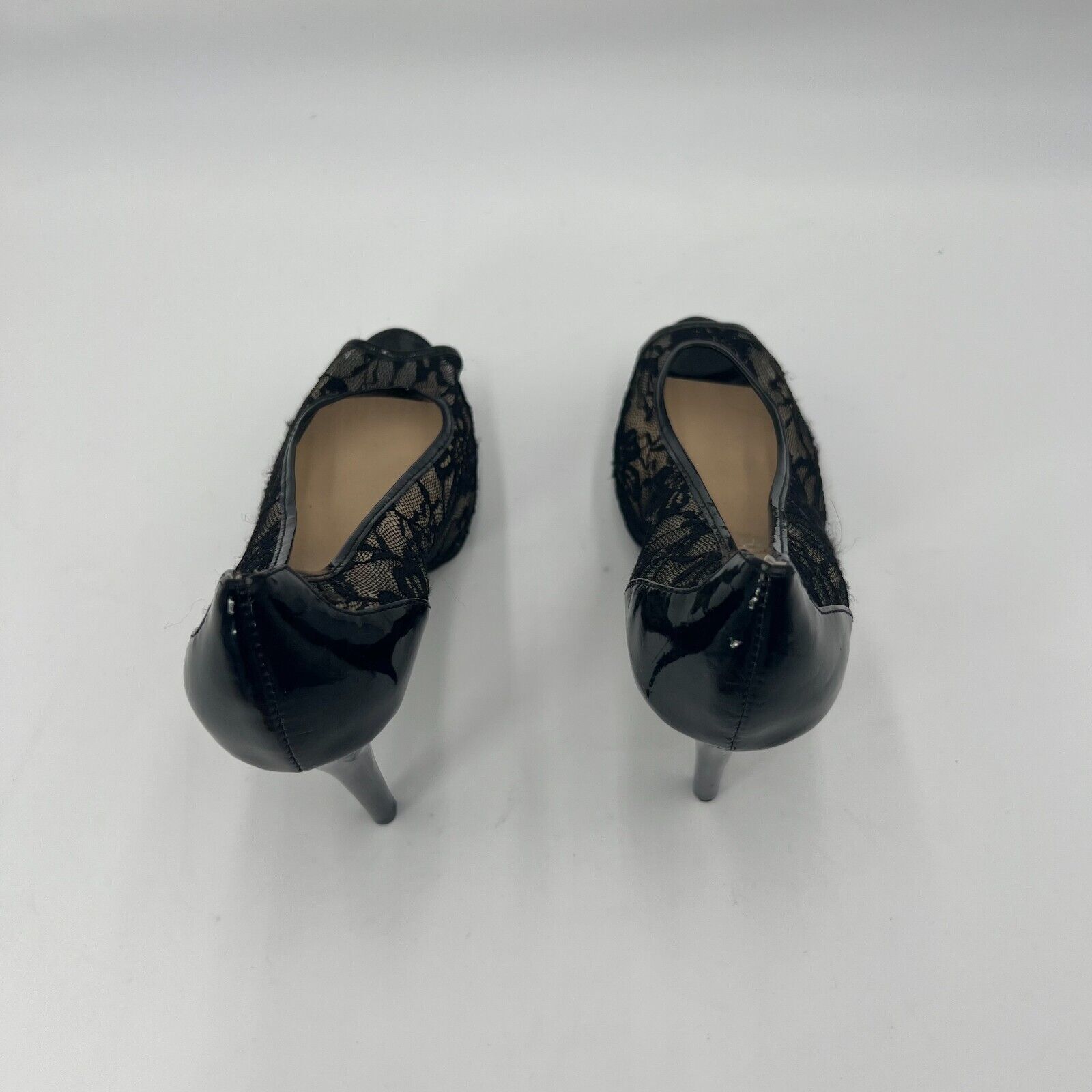 GUESS Gaminata Black Lace Faux Patent Leather Peep Toe Platform Stilettos 7.5