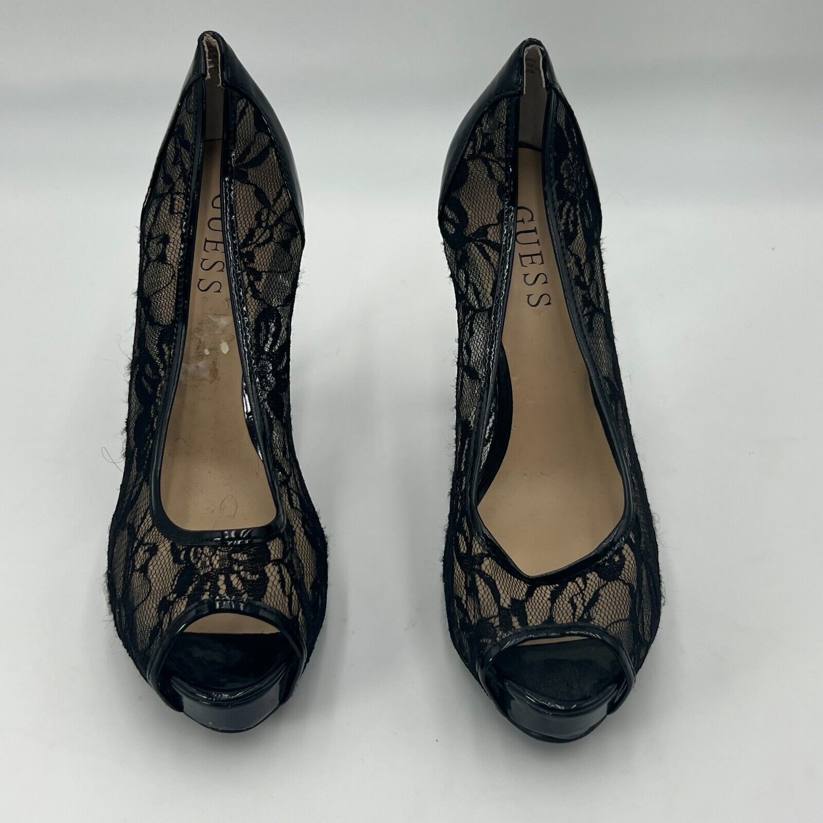 GUESS Gaminata Black Lace Faux Patent Leather Peep Toe Platform Stilettos 7.5