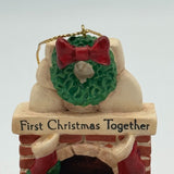 2 pc Our First Christmas Together Ornaments Dog Cat Fireplace Bears Sleigh 1994