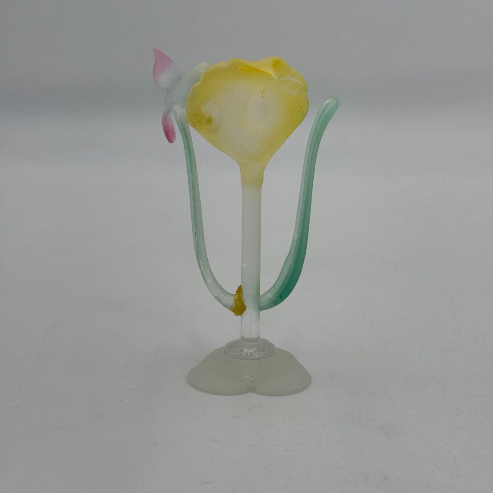 Handcrafted 4in Frosted Glass Sculpture Yellow Flower & Humming Bird Home Decor