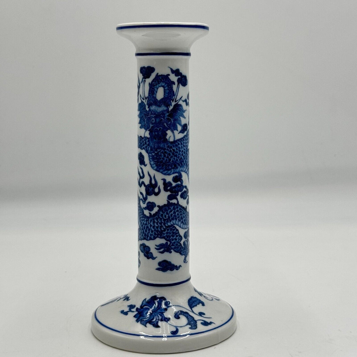 Andrea By Sadek Blue And White Ceramic Dragon Candlesticks 8in Vintage Chinese