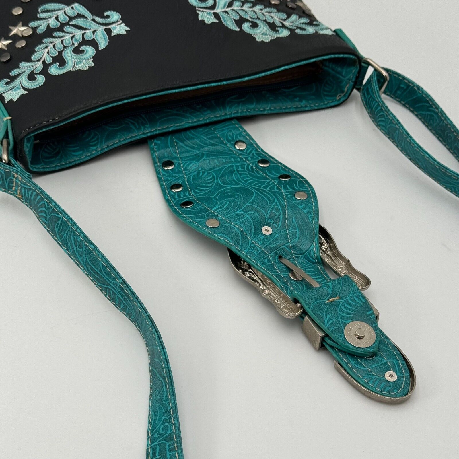 Western Style Purse Handbag Shoulder Strap Buckle Zipper Pockets Turquoise