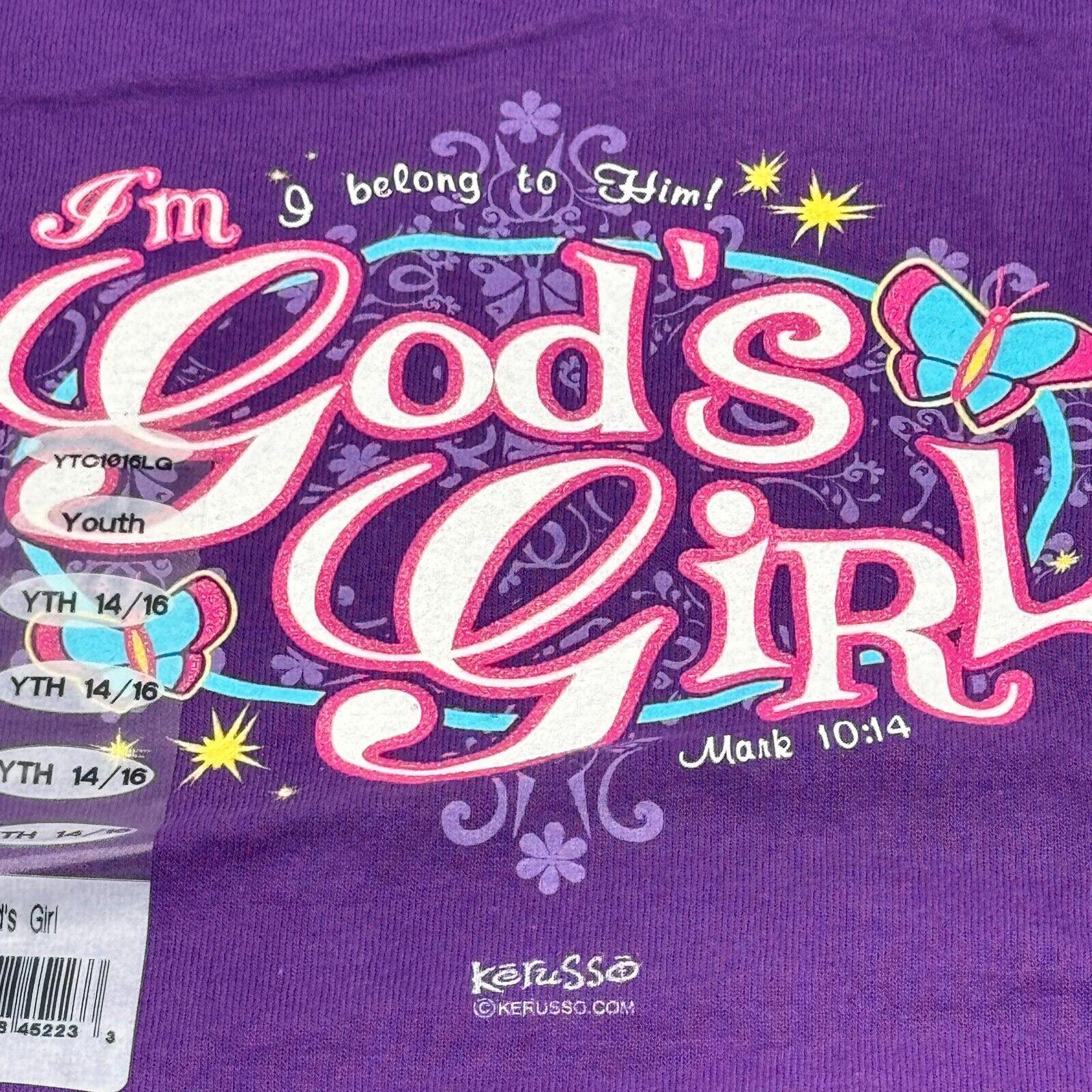 Kerusso Girls Crewneck Tshirt Printed Verse Mark 10:14 Christian Purple Size XL