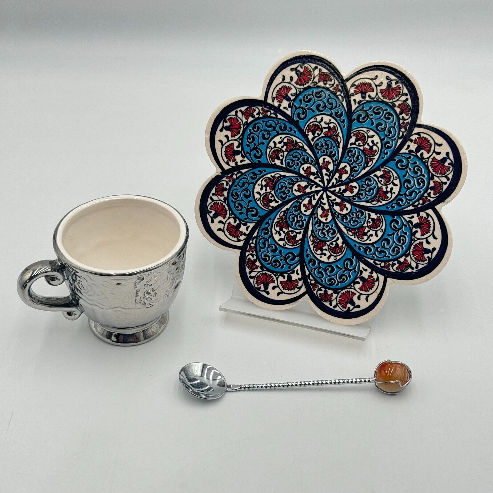 3pc Set Decorative Turkish Ceramic 7" Trivet Silver Teacup & Agate Spoon