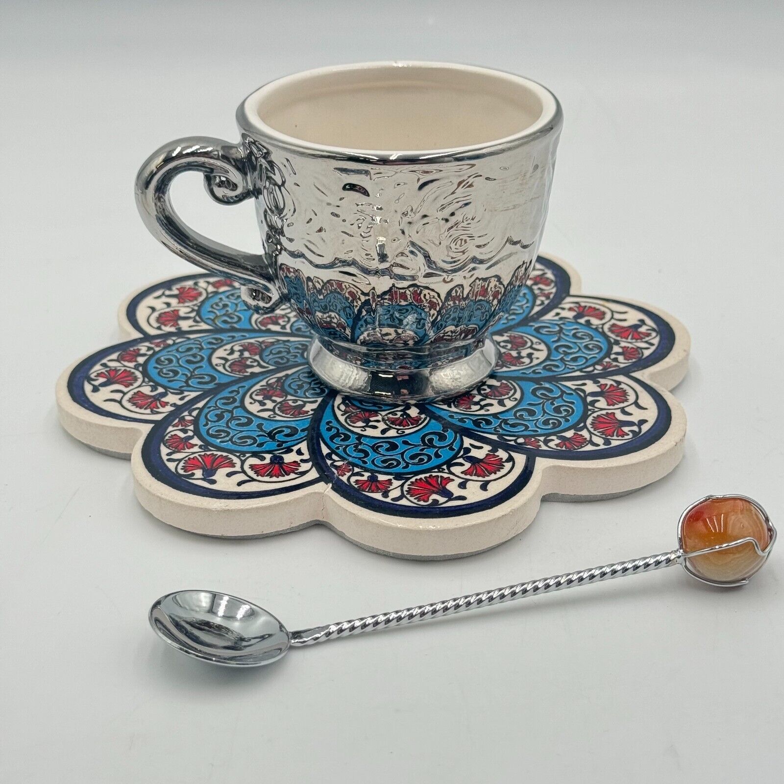 3pc Set Decorative Turkish Ceramic 7" Trivet Silver Teacup & Agate Spoon