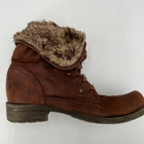 Brown Learher Combat Boots Lace Up Faux Fur Fold Over Snap Lining Womens Size 8.