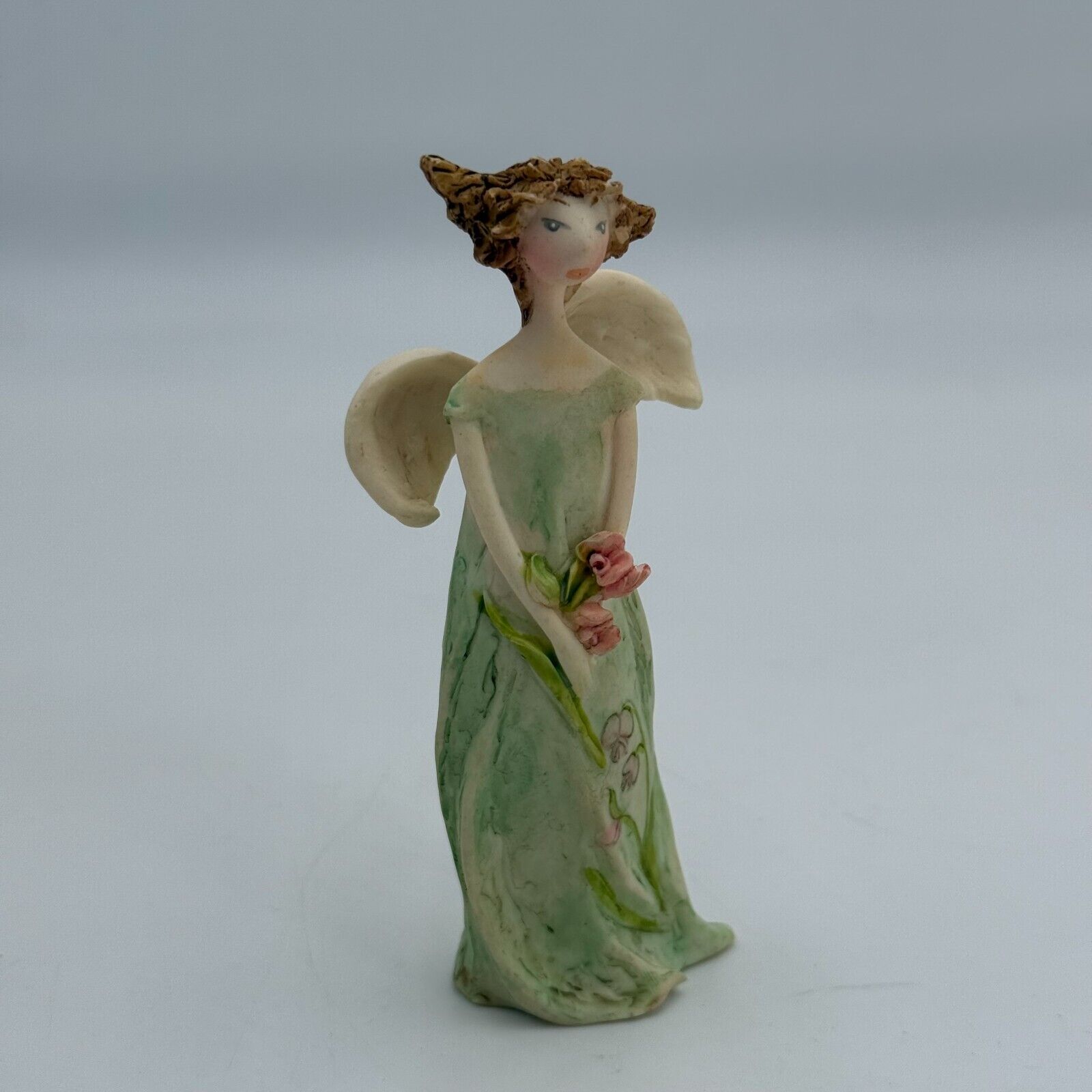 Pair of Angel Figurines 4in Ceramic Stutues Green Dress Pink Flowers Spring