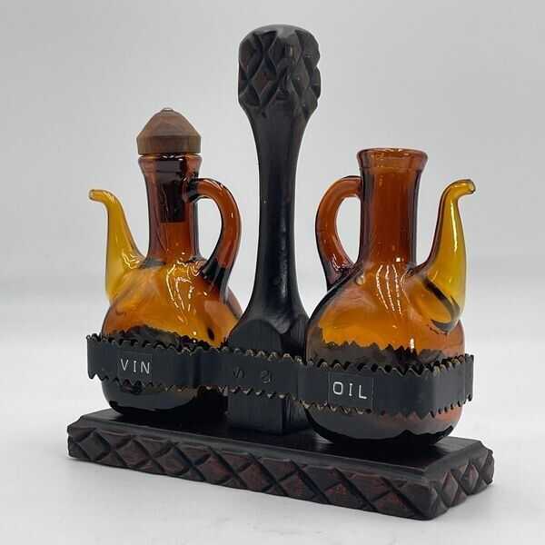 Amber Glass Cruet Oil & Vinegar Set with Wood/Metal Stand - Missing Stopper VTG