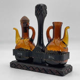 Amber Glass Cruet Oil & Vinegar Set with Wood/Metal Stand - Missing Stopper VTG